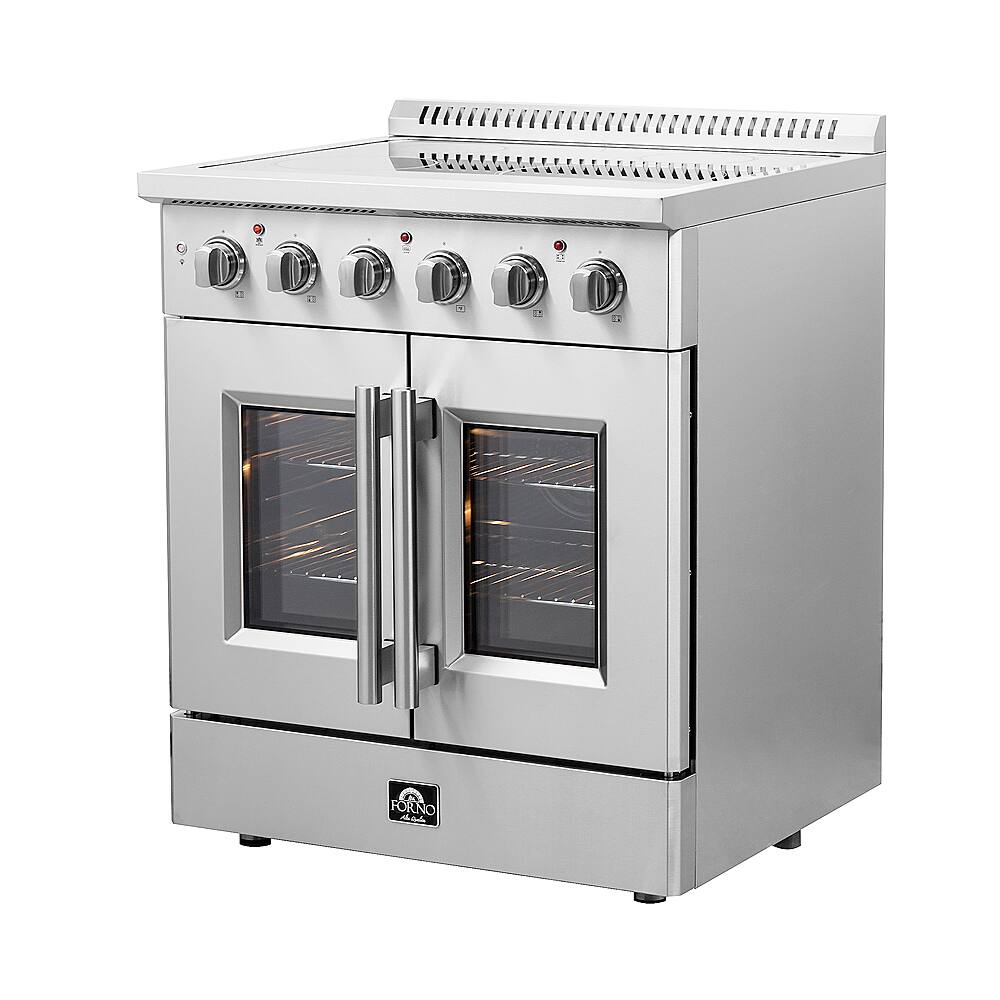 Left. Forno Appliances - Galiano Alta Qualita 4.32 Cu. Ft. Freestanding Electric Range with French Doors and True Convection Oven - Stainless Steel.