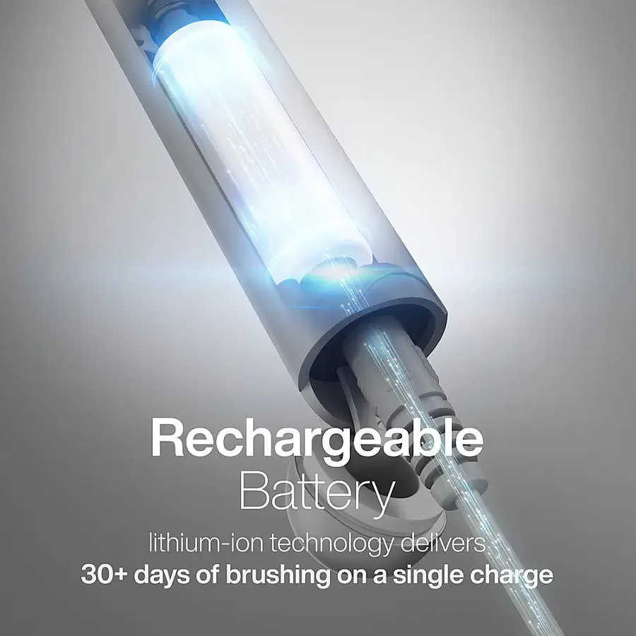 Rechargeable Battery: Lithium-ion technology delivers 30+ days of brushing on a single charge.