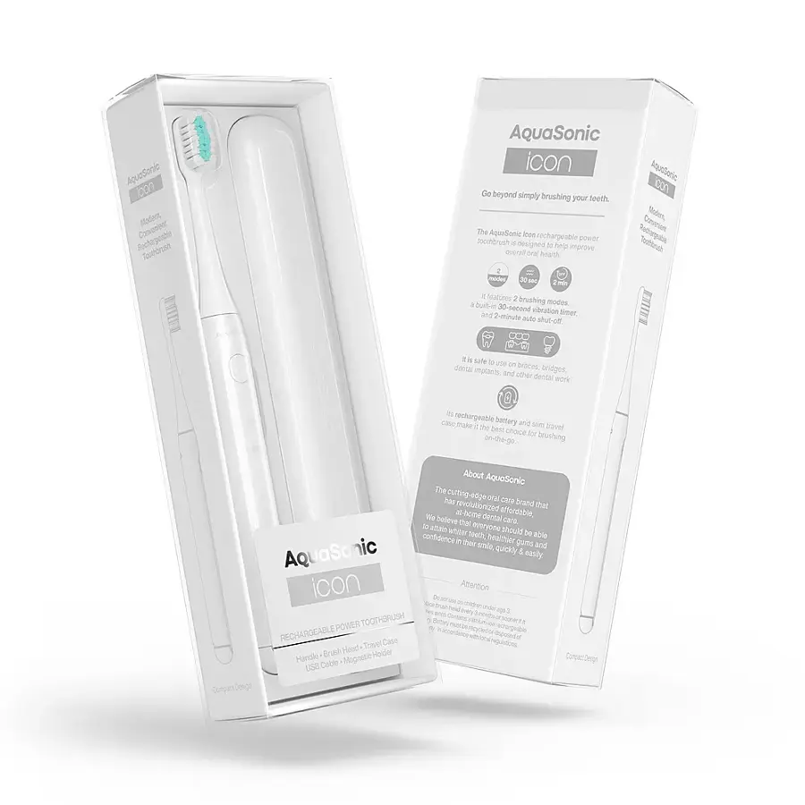 AquaSonic con Modert Convenient Rechargeable Toothbrush AquaSonic icon Go beyond simply brushing your teeth. The AquaSonic toothbrush rechargeable power a designed to help improve overall oral health. 1 mode, 30-second timer, and 2-minute timer ensure proper brushing time. Safe to use - braces, dental implants, bridges, and other dental work. 2-case rechargeable battery and make it the best choice for brushing on-the-go. About AquaSonic: The brand that has revolutionized at-home dental care, believing that oral care should be accessible to everyone. Quickly and easily achieve a whiter, healthier smile with AquaSonic.