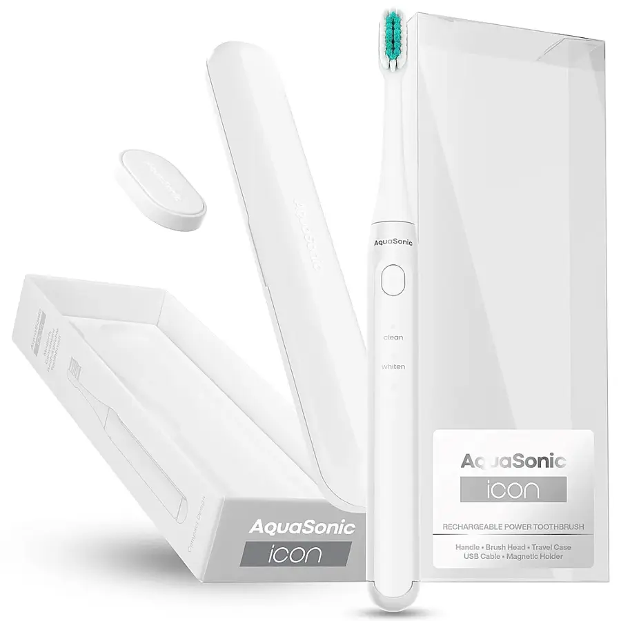 AquaSonic AquaSonic Icon Power Toothbrush Handle Brush Head Travel Case USB Cable Magnetic Holder