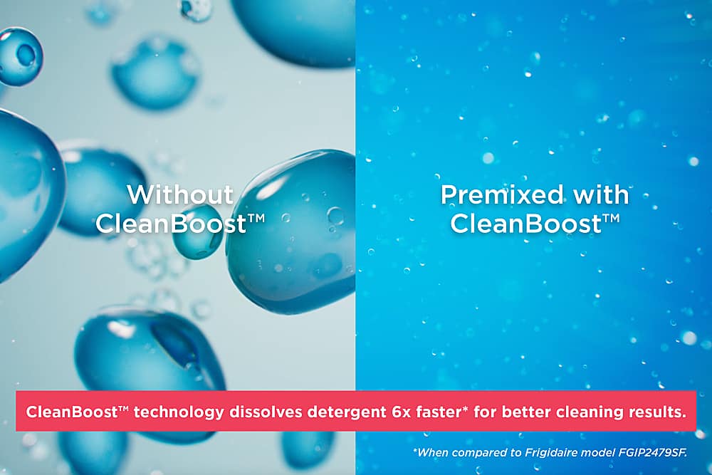 The image features a dishwasher with a blue background and a logo for CleanBoost. The dishwasher is described as having a built-in design and being equipped with CleanBoost technology. This technology is said to dissolve detergent 6 times faster than the Frigidaire model FGIP2479SF, resulting in better cleaning results.
