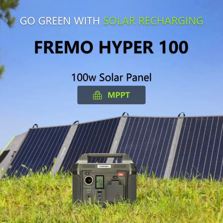 GO GREEN WITH SOLAR RECHARGING FREMO HYPER 100 100W SOLAR PANEL MPPT FODIS NRE ... NPl ... 57 + od I - U :