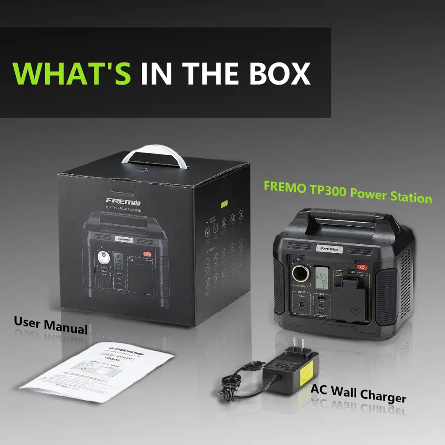 What's in the box: FREMO Portable Power Station TP300. User Manual. AC Wall Charger.