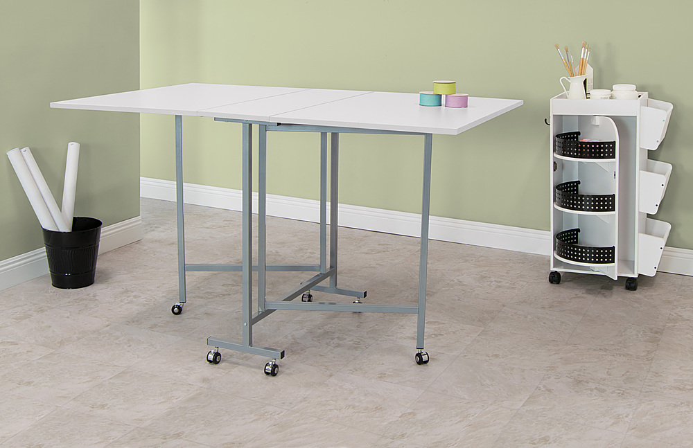 Hobby Craft 60 in. W x 36 in. D MDF Folding Fabric Cutting Table with  Drawers, Adjustable Height, Silver / White