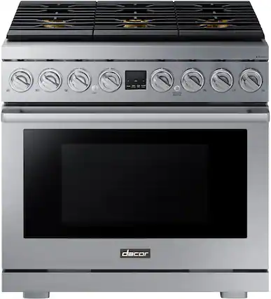 Front. Dacor - Transitional 6.3 Cu. Ft. Freestanding Dual Fuel Four-Part Pure Convection Pro-Range with GreenClean and Steam Assist - Silver Stainless Steel.