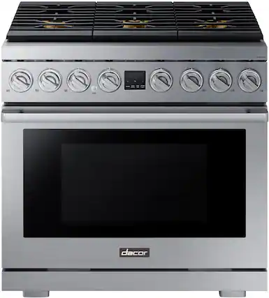 Front. Dacor - Transitional 5.9 Cu. Ft. Freestanding Gas Three-Part Pure Convection Pro-Range with Self Clean and SimmerSear Burners - Silver Stainless Steel.