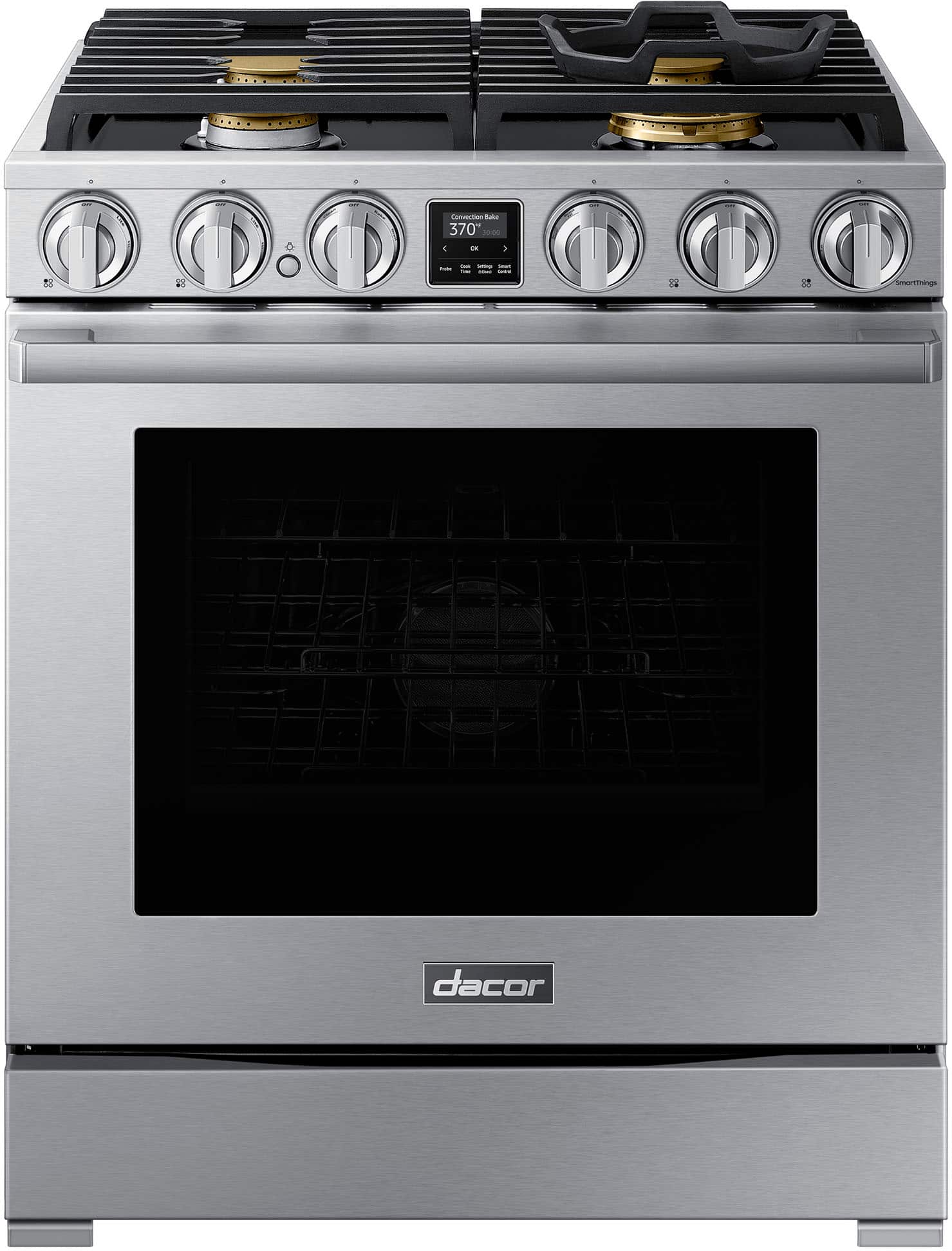 Angle. Dacor - Transitional 6.3 Cu. Ft. Freestanding Dual Fuel Four-Part Pure Convection Pro-Range with Self Clean and Air Sous Vide - Silver Stainless Steel.
