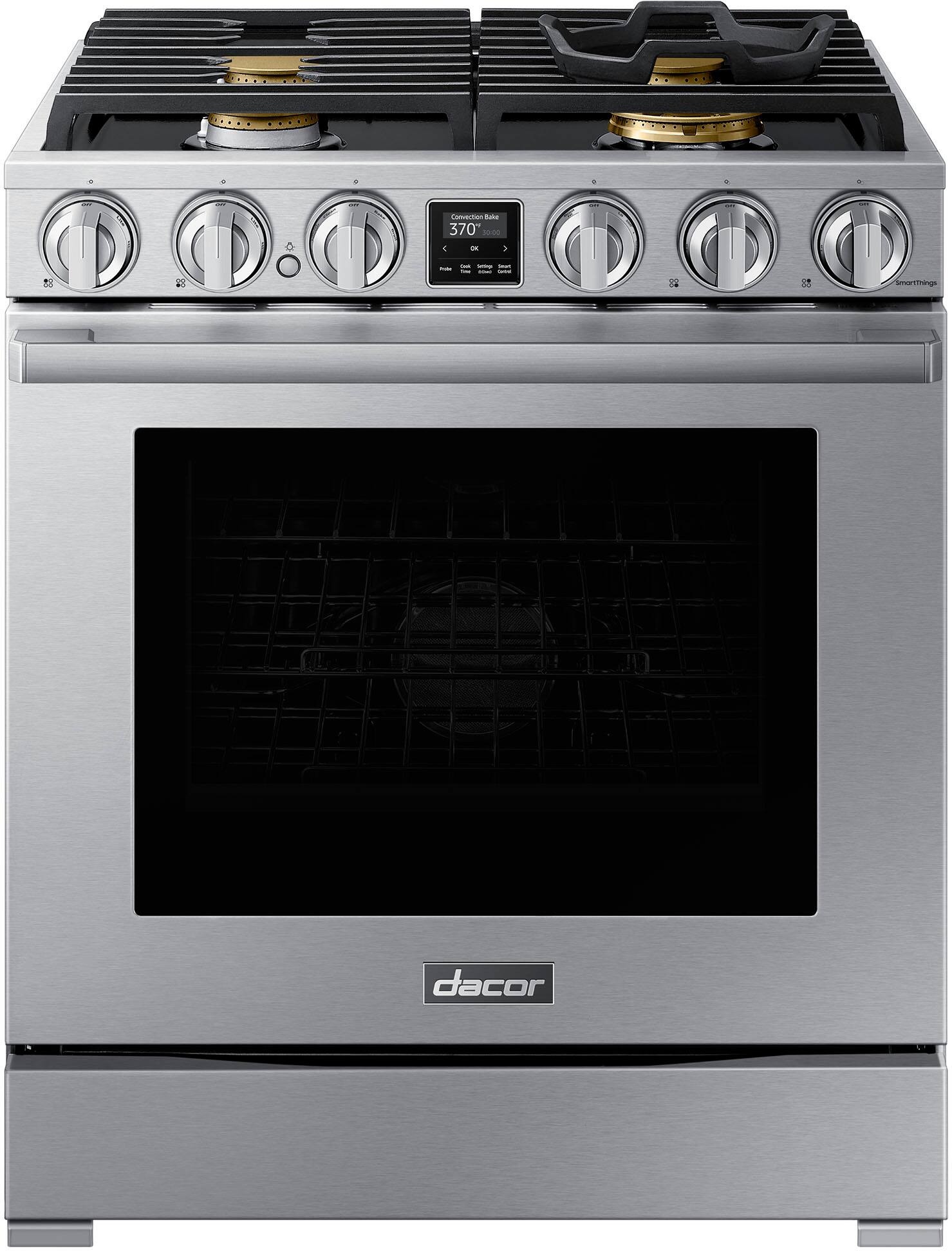 Angle. Dacor - Transitional 6.3 Cu. Ft. Freestanding Dual Fuel Four-Part Pure Convection Pro-Range with Self Clean and Air Sous Vide - Silver Stainless Steel.