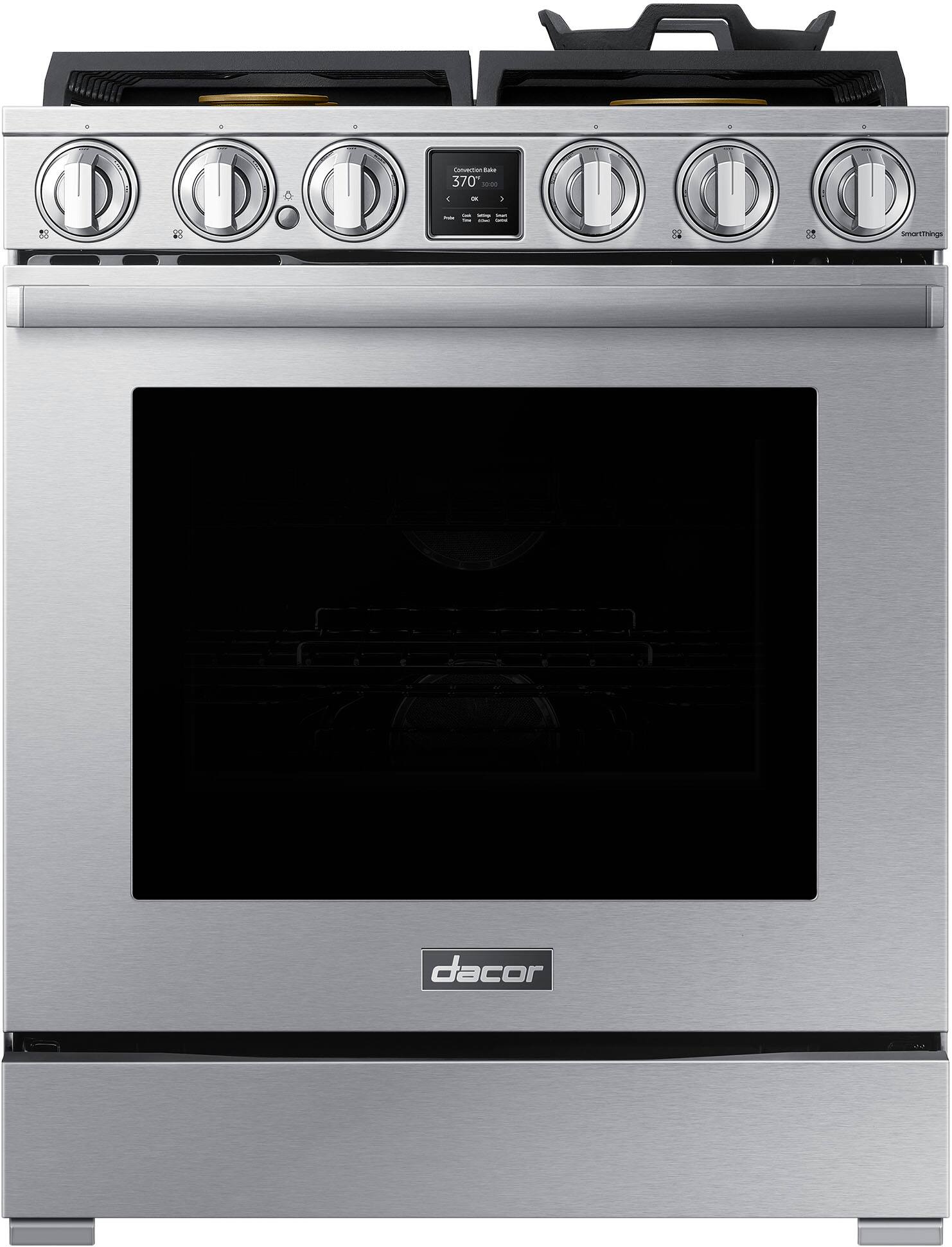Front. Dacor - Transitional 6.3 Cu. Ft. Freestanding Dual Fuel Four-Part Pure Convection Pro-Range with Self Clean and Air Sous Vide - Silver Stainless Steel.