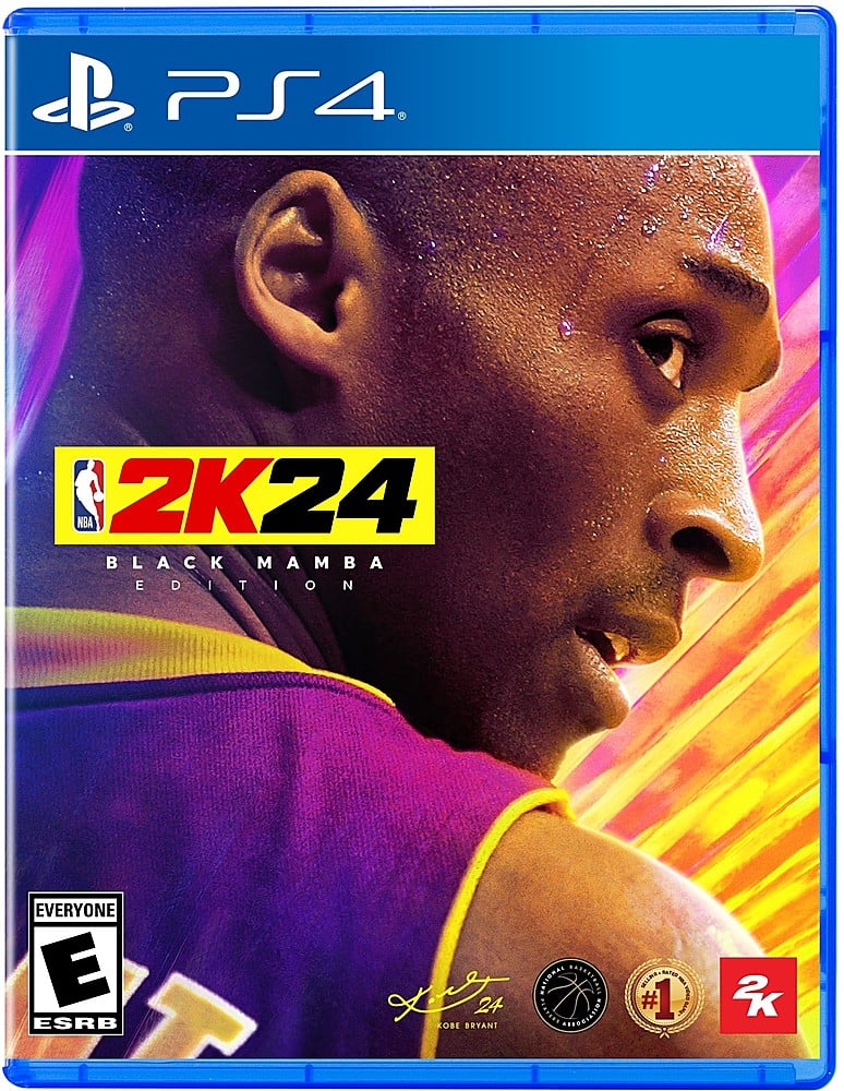 B PS4. NBA 2K24 BLACK MAMBA EDITION E T I EVERYONE E ESRB T AATIONAL *TBSI Sz 24 SOSANDE AEUBRIATION KOBE BRYANT T au - # #1 wette 2K