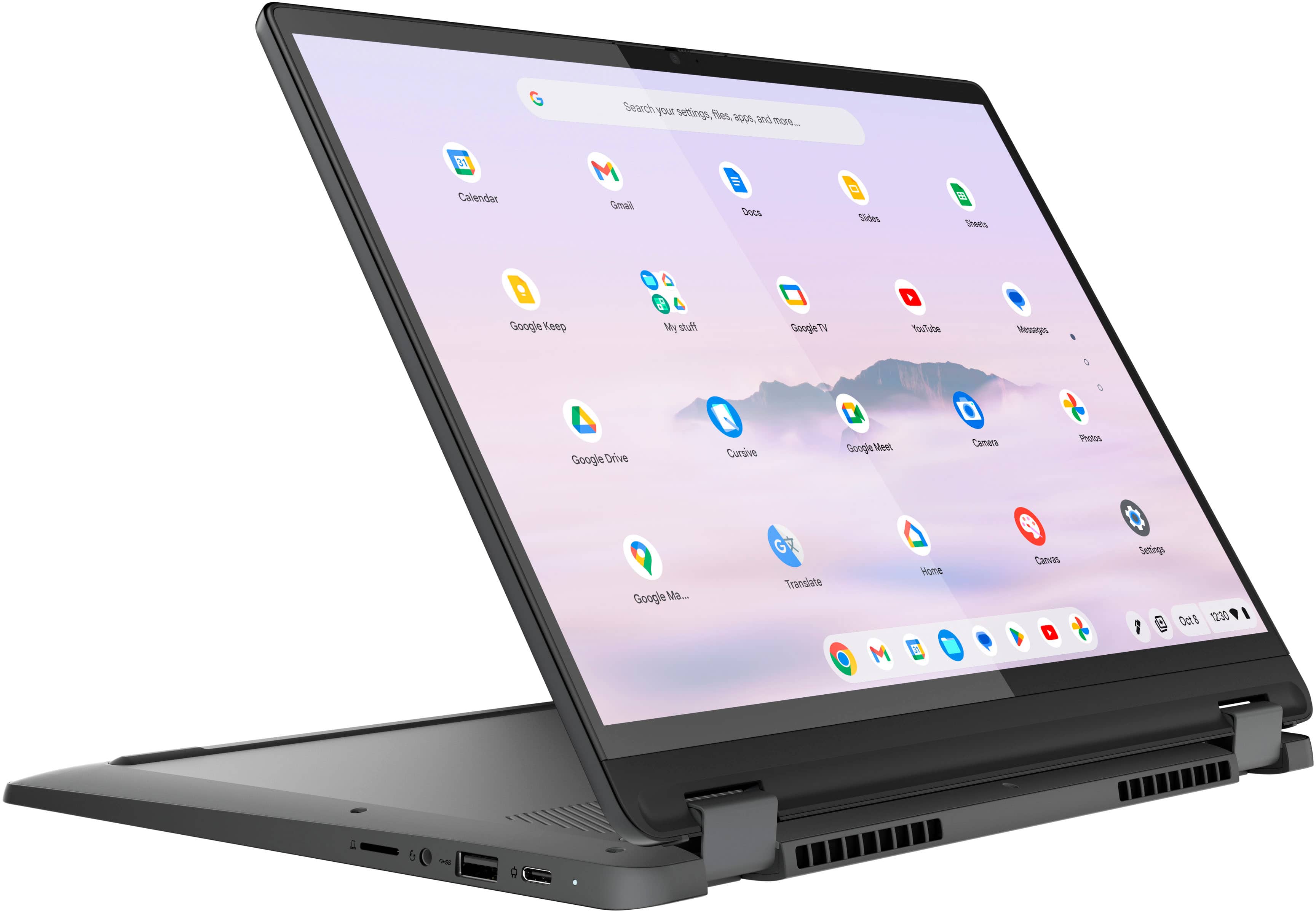 Left. Lenovo - Flex 5i Chromebook Plus Laptop with Google AI - 14" 2K Touch - Intel i3-1315U - 8GB RAM - Intel UHD Graphics - 128GB SSD - Storm Grey.