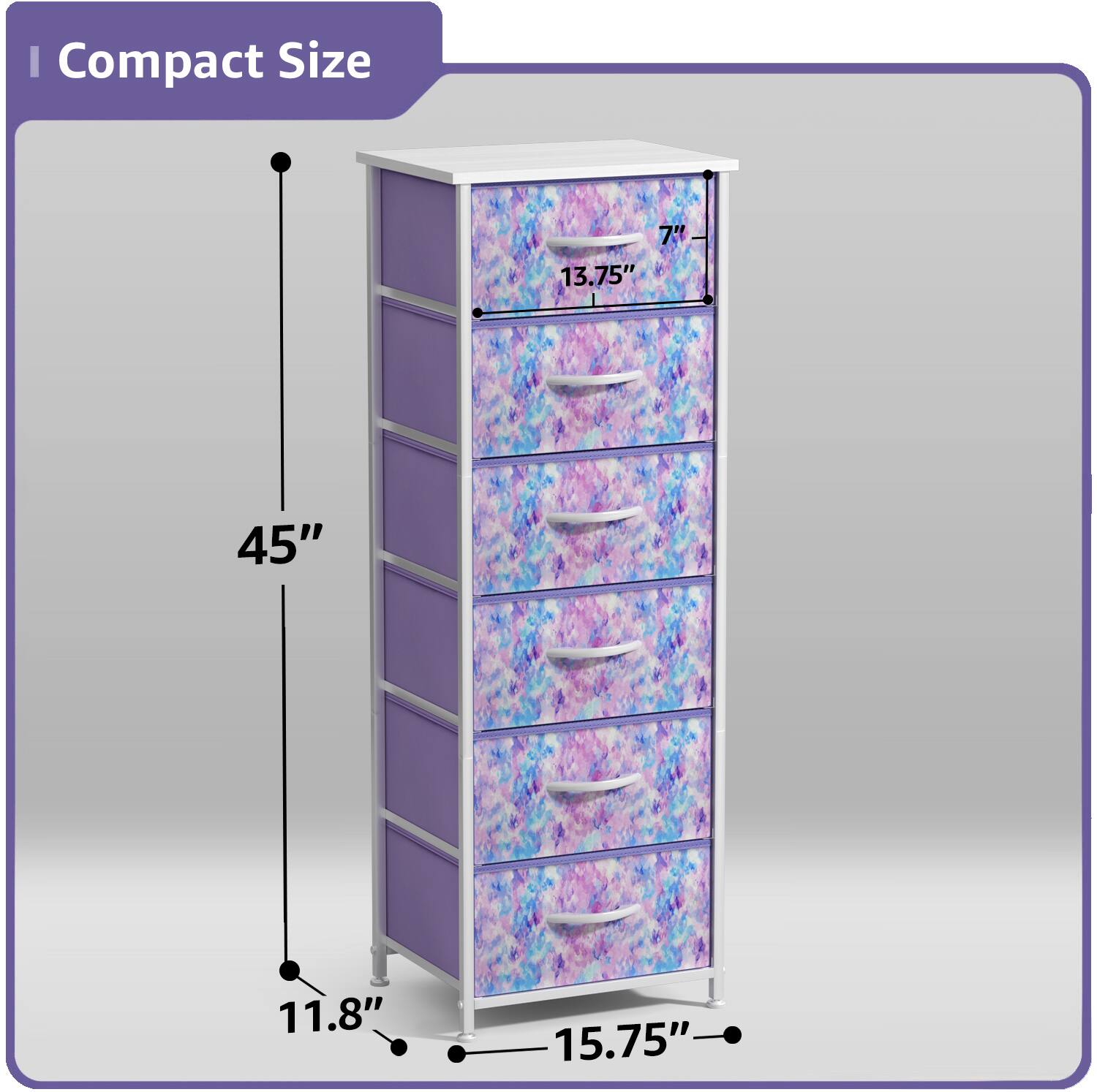 Compact Size

- Height: 45"
- Width: 15.75"
- Depth: 11.8"
- Drawer Height: 7"
- Drawer Width: 13.75"