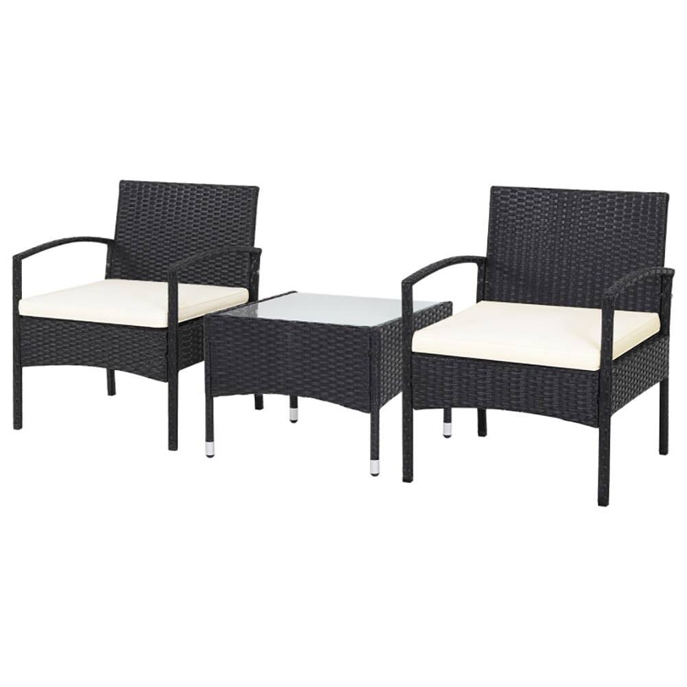 Back. Pefilos - 3 Pieces Wooden Patio Conversation Furniture Sets Sofa Chair with Cushion, Outdoor Garden Table for Yard and Bistro - Black.