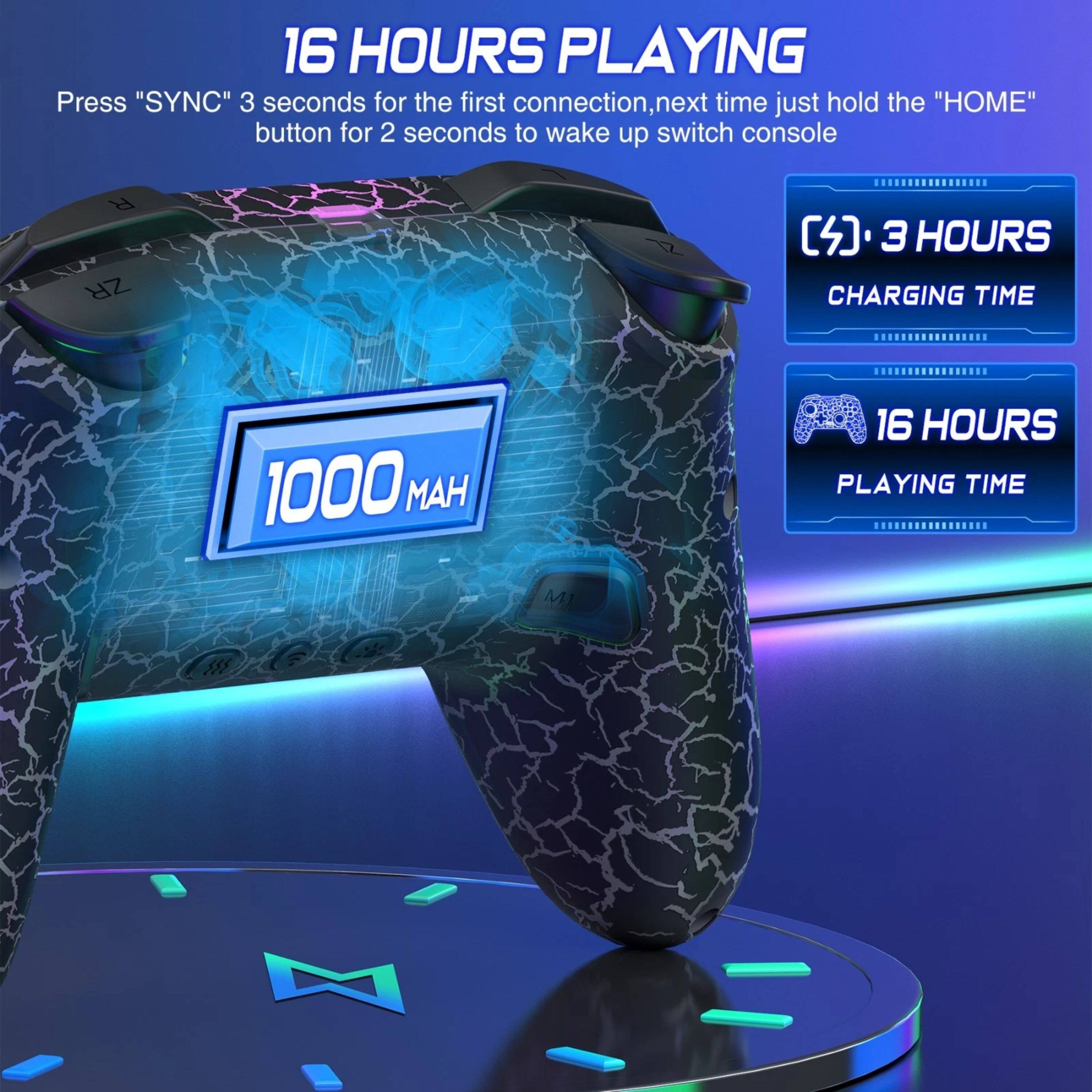 16 HOURS PLAYING  
Press "SYNC" 3 seconds for the first connection, next time just hold the "HOME" button for 2 seconds to wake up switch console  

1000 MAH  
3 HOURS CHARGING TIME  
16 HOURS PLAYING TIME