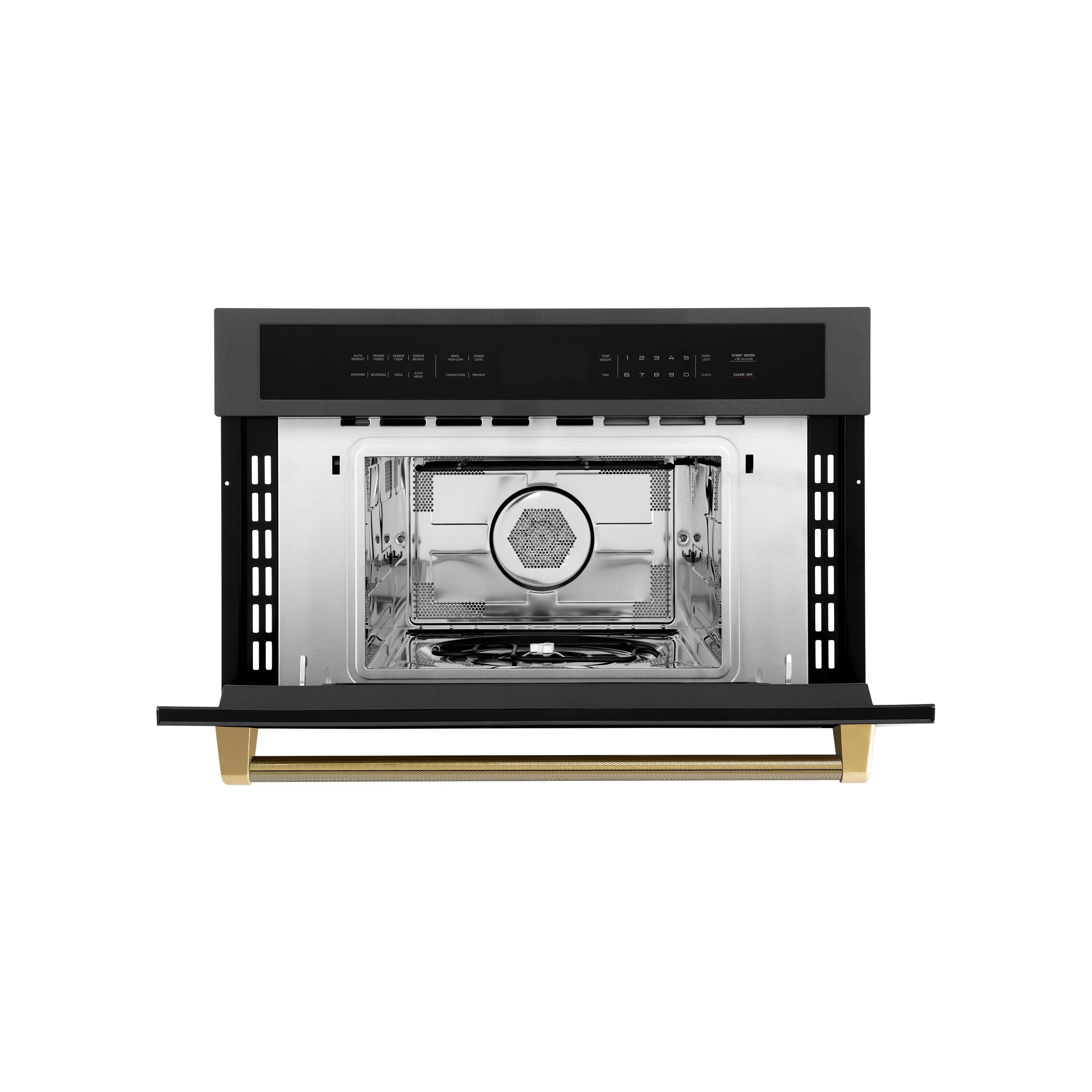 Angle. ZLINE - Autograph 30 in. 1.6 cu ft. Built-in Convection Microwave Oven in Black Stainless Steel and Polished Gold Helix Handle - Black Stainless Steel.