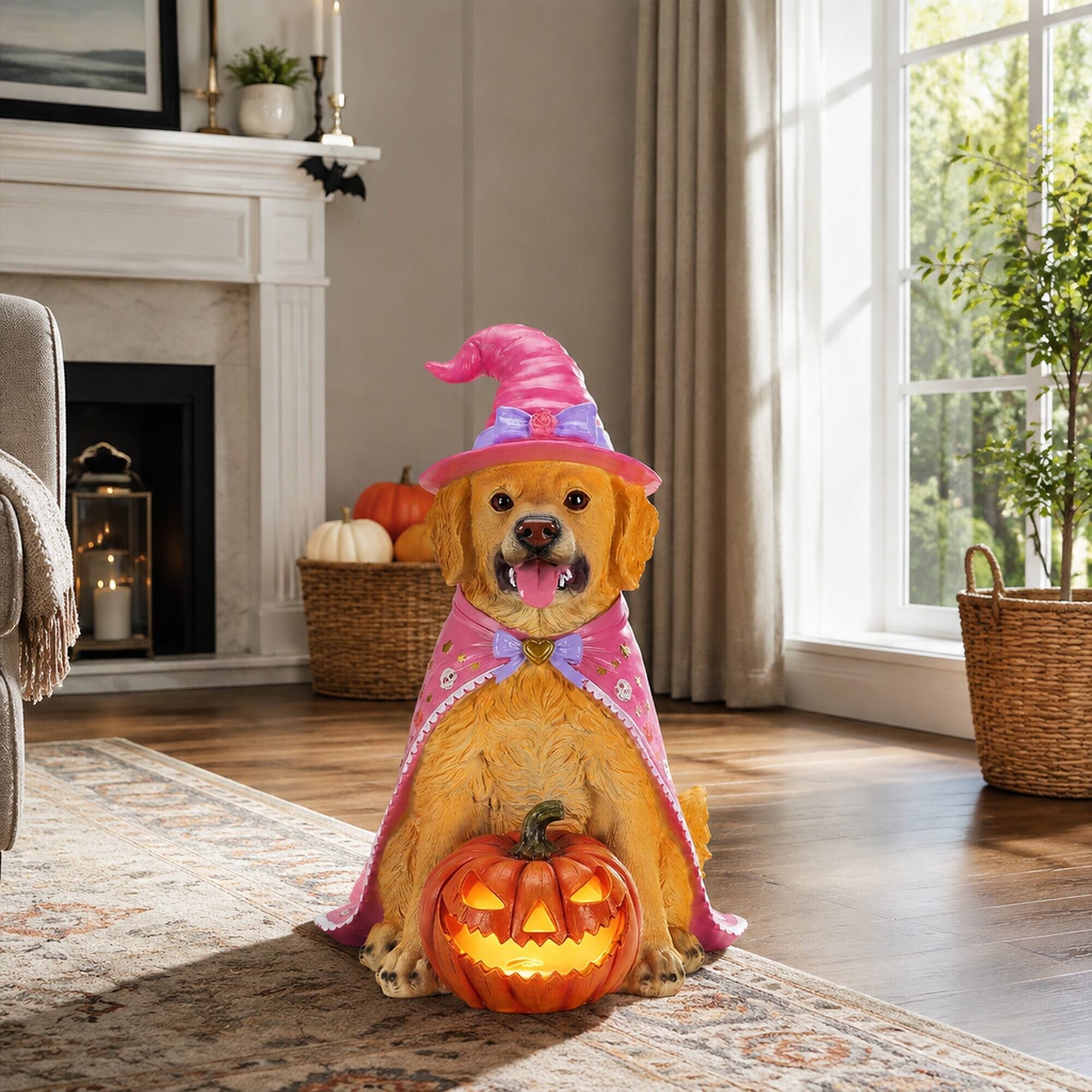 Back. RYHNUYNE - Halloween Golden Retriever Dog Statue with Pink Witch Hat and Cape, Large Lighted Jack-O-Lantern Pumpkin - Brown.