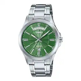 Casio - Men’s Green Dial Stainless Steel Bracelet Watch - MTP-1381D-3AVDF - Silver