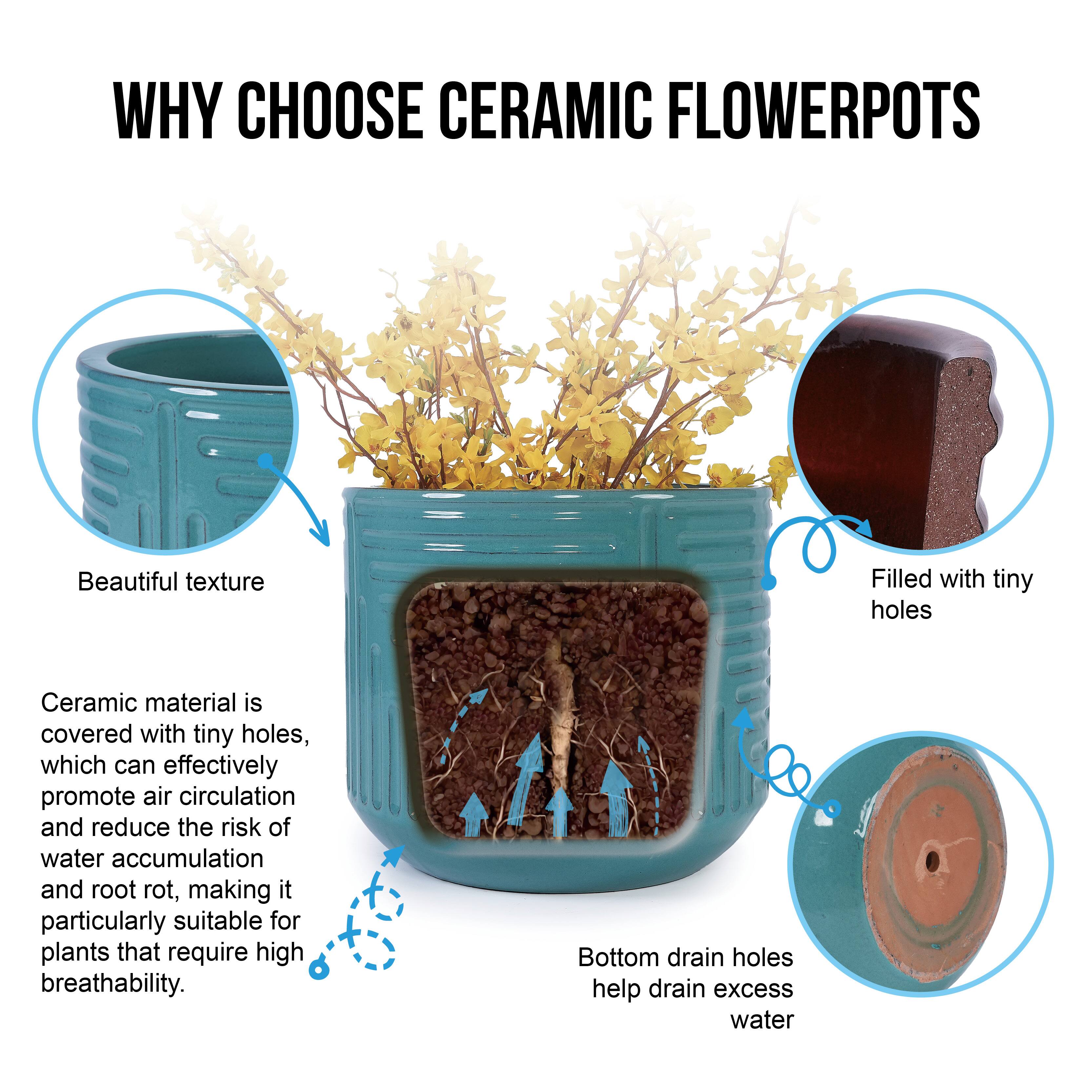 WHY CHOOSE CERAMIC FLOWER POTS

Beautiful texture

Ceramic material is covered with tiny holes, which can effectively promote air circulation and reduce the risk of water accumulation and root rot, making it particularly suitable for plants that require high breathability.

Bottom drain holes help drain excess water