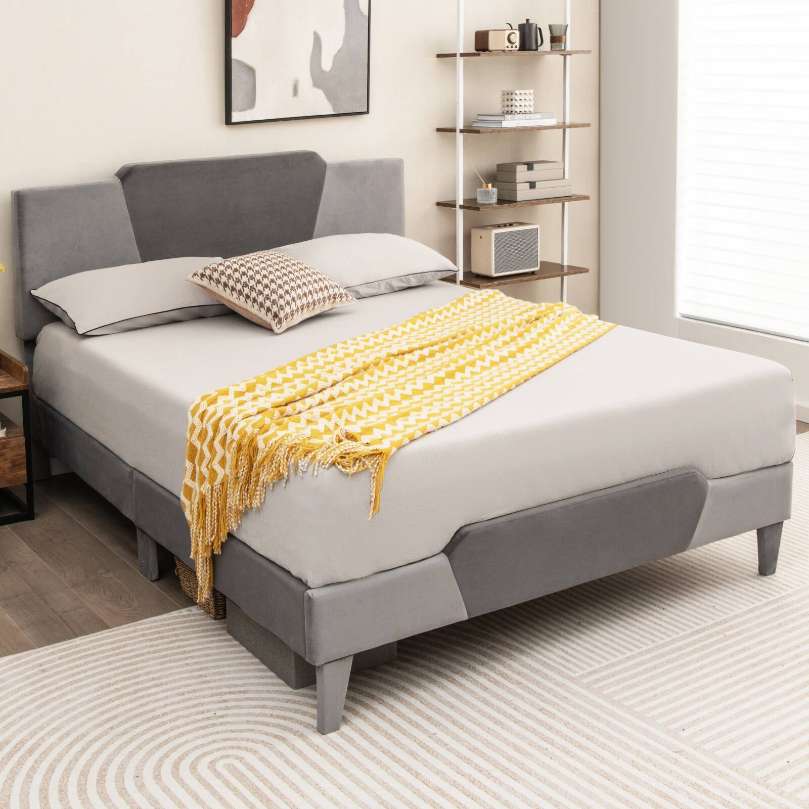 Alt View 1. SlickBlue - Velvet Upholstered Bed Frame with High Padded Headboard for Bedroom - Grey.