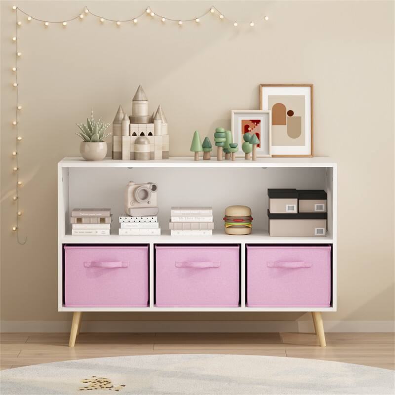 Angle. HTUTWOO - Kids Bookcase with Collapsible Fabric Drawers - Children's Book Display, Toy Storage Cabinet Organizer - White+Pink.