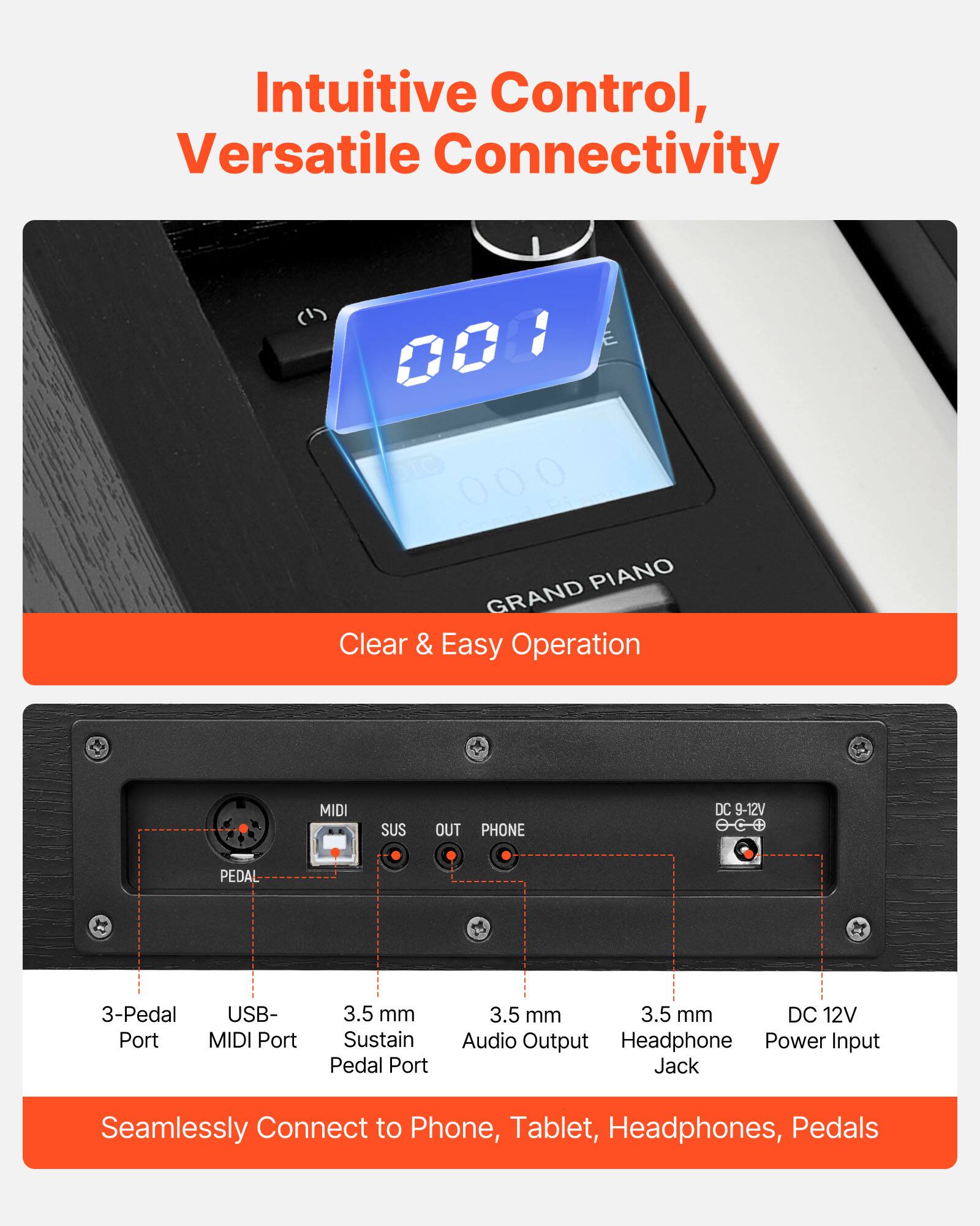 Intuitive Control, Versatile Connectivity

Clear & Easy Operation

- 3-Pedal Port
- USB-MIDI Port
- 3.5 mm Sustain Pedal Port
- 3.5 mm Audio Output
- 3.5 mm Headphone Jack
- DC 12V Power Input

Seamlessly Connect to Phone, Tablet, Headphones, Pedals