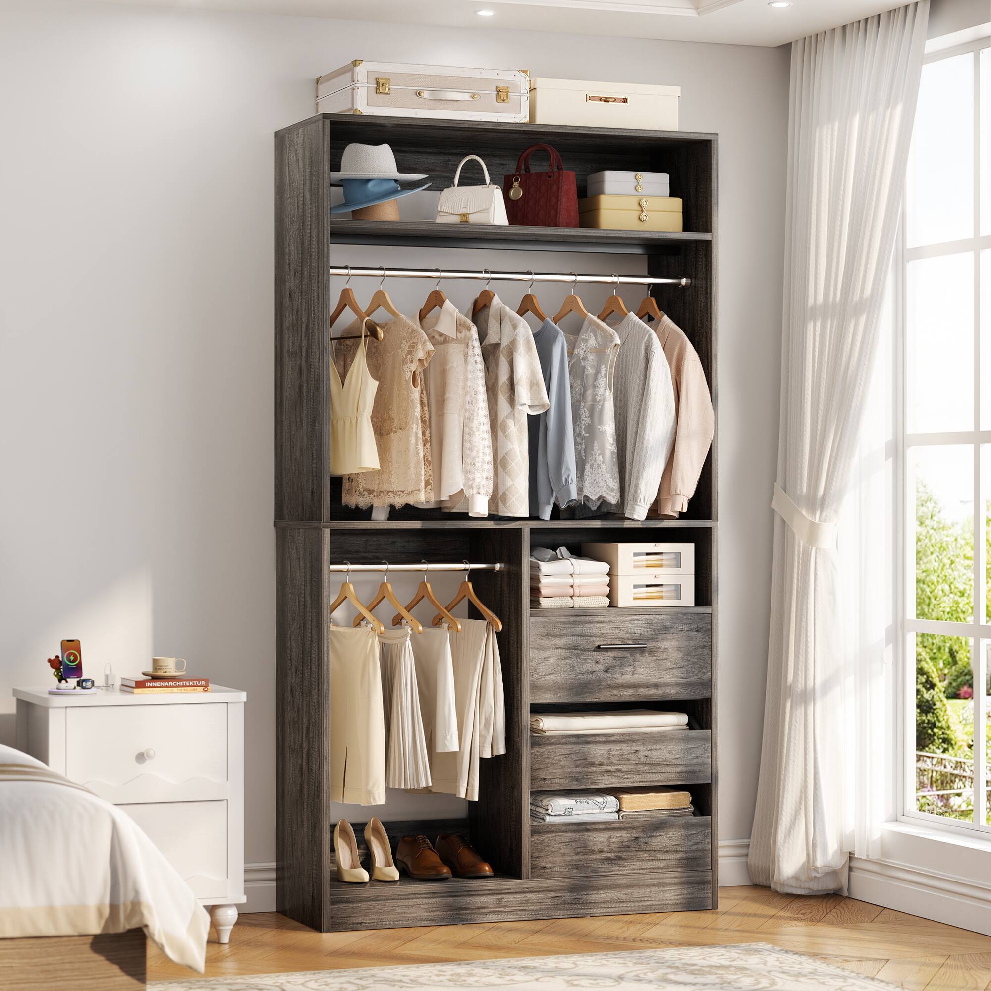 Left. Aheaplus - 108"W x 16"D x 80"H 3-Piece Heavy Duty Closet Organizer System with Drawers & Rods - Gray Oak.