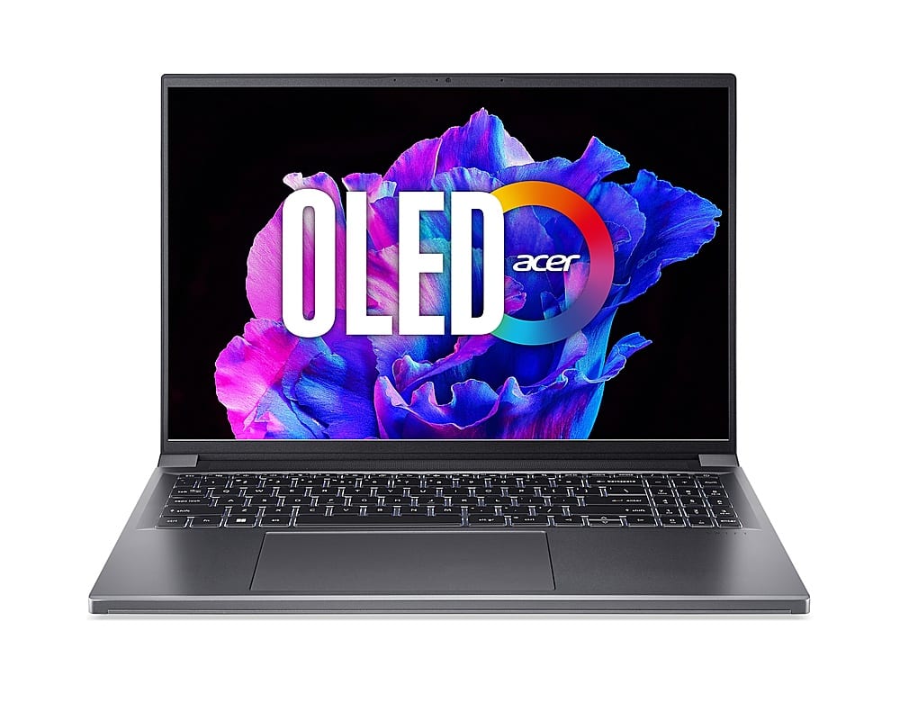 Front. Acer - Swift X 16 – OLED 16" 3200x2000 120Hz HDR500 Laptop – AMD Ryzen 9 7940HS with 16GB LPDDR5– GeForce RTX 4050 –1TB SSD - Steel Gray.
