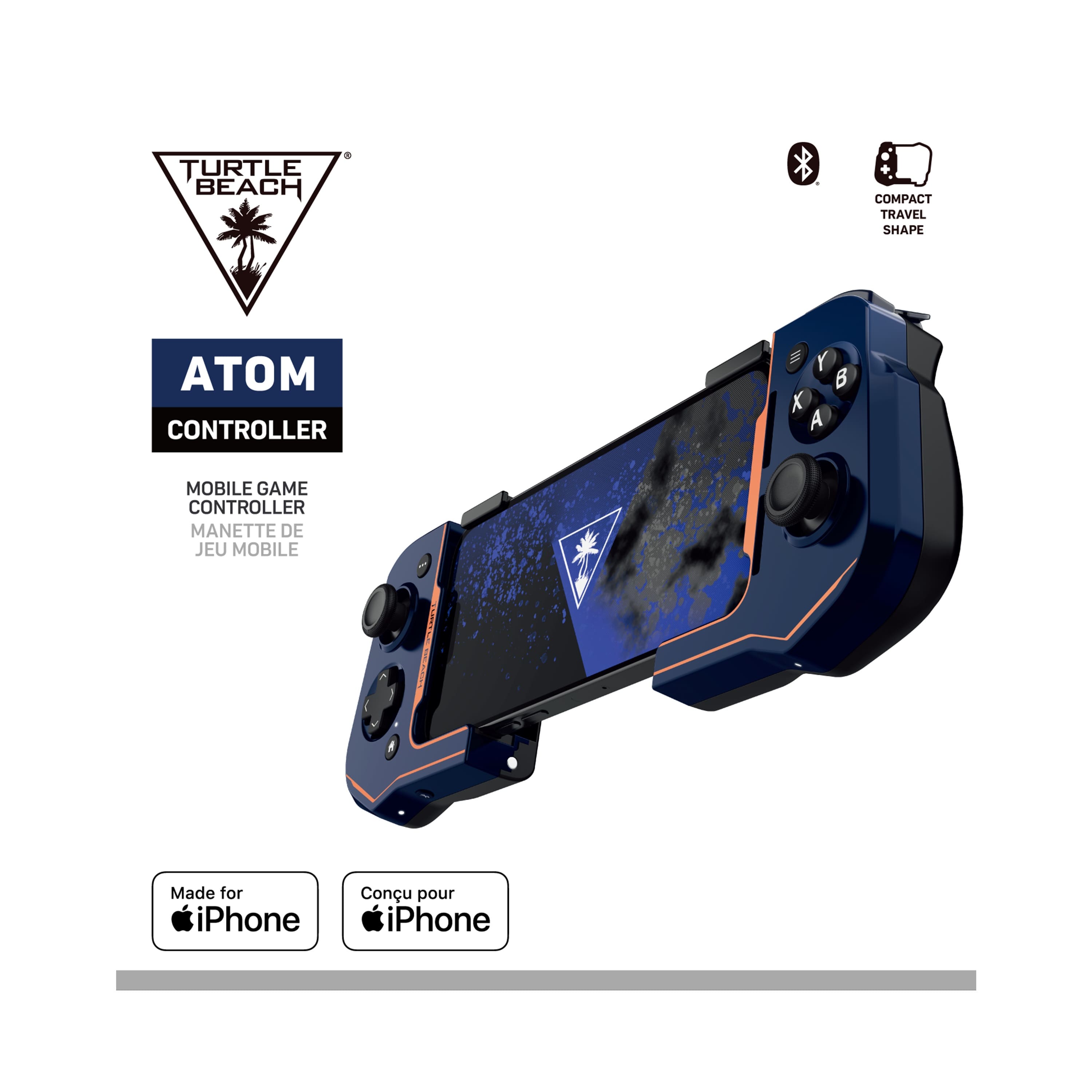 The image features a blue and orange Turtle Beach Atom mobile game controller, which is designed for use with iPhones. The controller is shaped like a rectangle and has a compact travel shape, making it convenient for on-the-go gaming. The design of the controller is visually appealing and is likely to attract the attention of gamers.