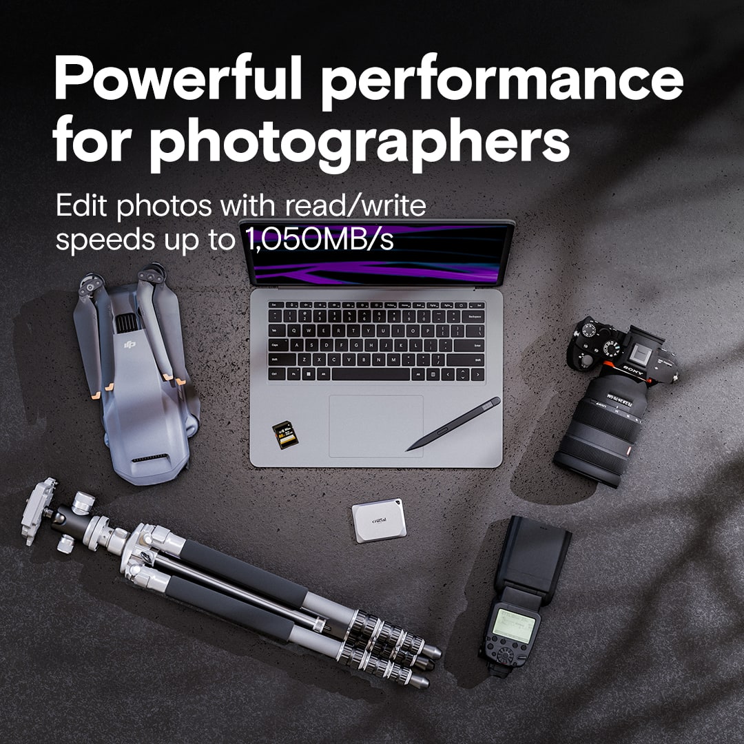 Powerful performance for photographers: Edit photos with read/write speeds up to 1,050MB/s.