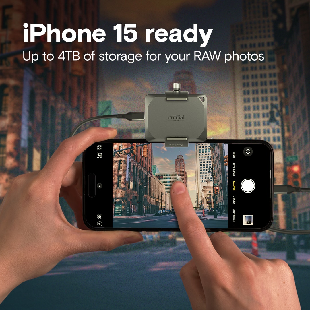 iPhone 15 ready Up to 4TB of storage for your RAW photos crucial | 0 J n - - - : PANO PORTRAIT PHOTO VIDLO ONEMATIC wi