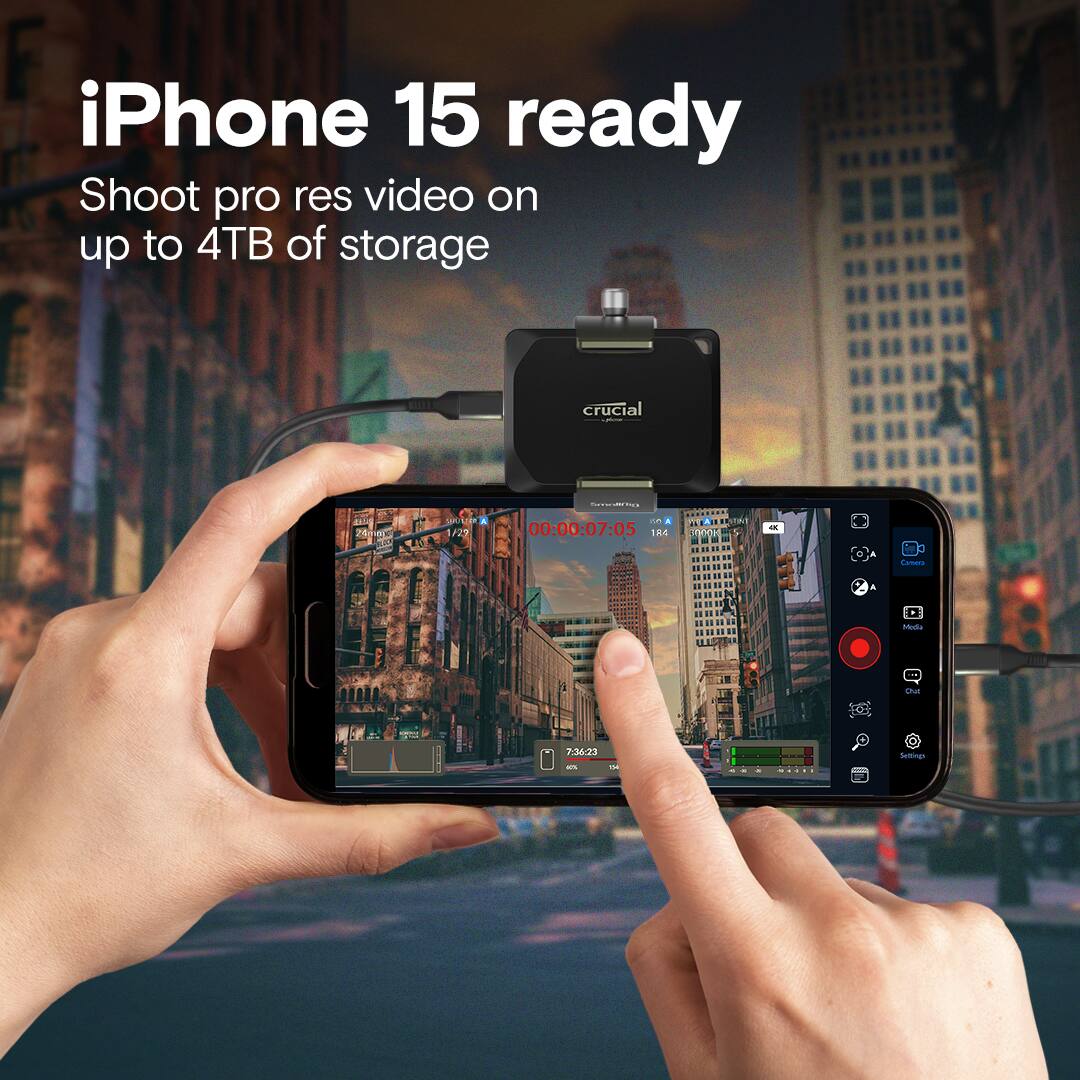 iPhone 15 ready. Shoot pro res video on up to 4TB of storage. Crucial.