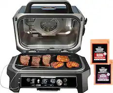 Angle. Ninja - Woodfire ProConnect Premium XL Outdoor 7-in-1 Grill & Smoker, App Enabled, Air Fryer, 2 Built-In Thermometers - Blue.