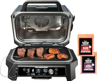 Angle. Ninja - Woodfire ProConnect Premium XL Outdoor 7-in-1 Grill & Smoker, App Enabled, Air Fryer, 2 Built-In Thermometers - Blue.