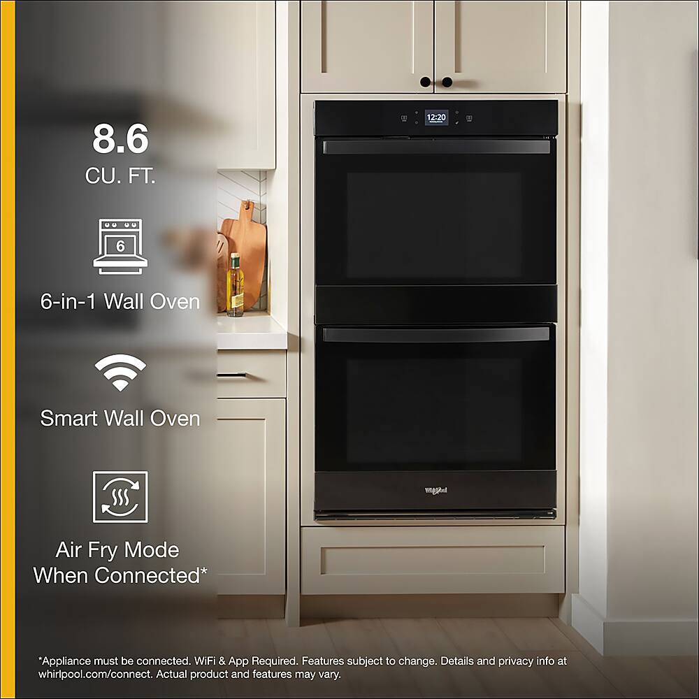 The text on the image is grouped and corrected as follows:

8.6 CU. FT. 12:20 6 6-in-1 Wall Oven Smart Wall Oven maghnd Air Fry Mode When Connected* "Appliance must be connected. WiFi & App Required. Features subject to change. Details and privacy info at whirlpool.com/connect. Actual product and features may vary.