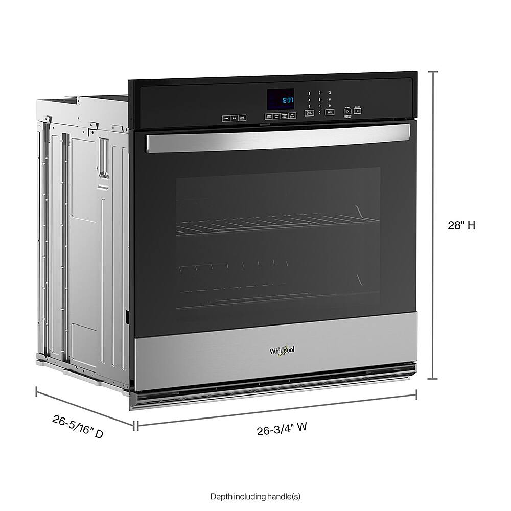 The text on the image reads: "201 9064 - 26-5/16" D 26-3/4" W Depth including handle(s) WhirlPool." This information indicates that the oven is a WhirlPool brand and has a depth of 26-5/16 inches and a width of 26-3/4 inches, including the handle(s).