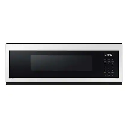 Front. Samsung - BESPOKE 1.1 cu. ft SLIM Over-the-Range Microwave with 400 CFM Hood Ventilation, Wi-Fi and Voice Control - White Glass.