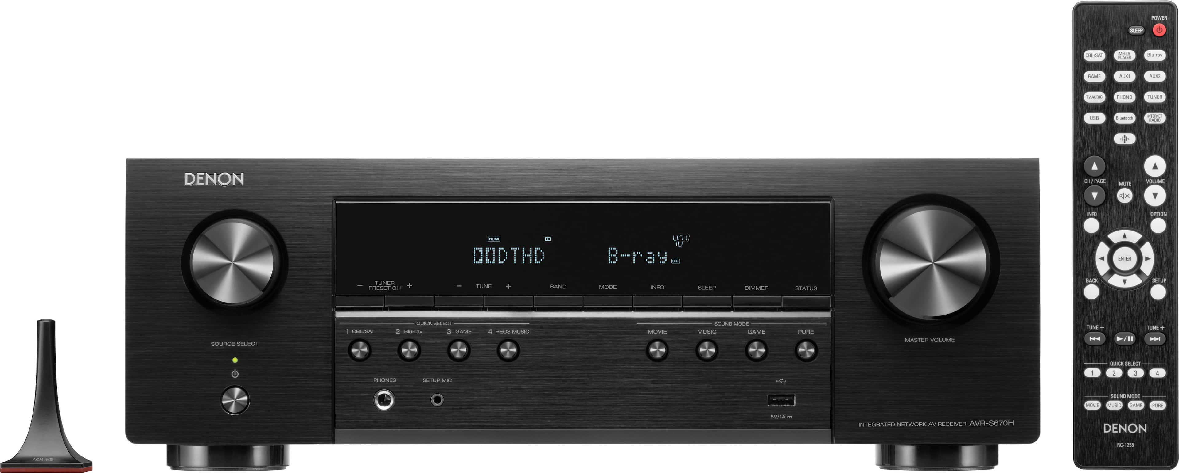 Left. Denon - AVR-S670H (75W X 5) 5.2-Ch. with HEOS 8K Ultra HD and HDR Compatible AV Home Theater Receiver with Alexa - Black.