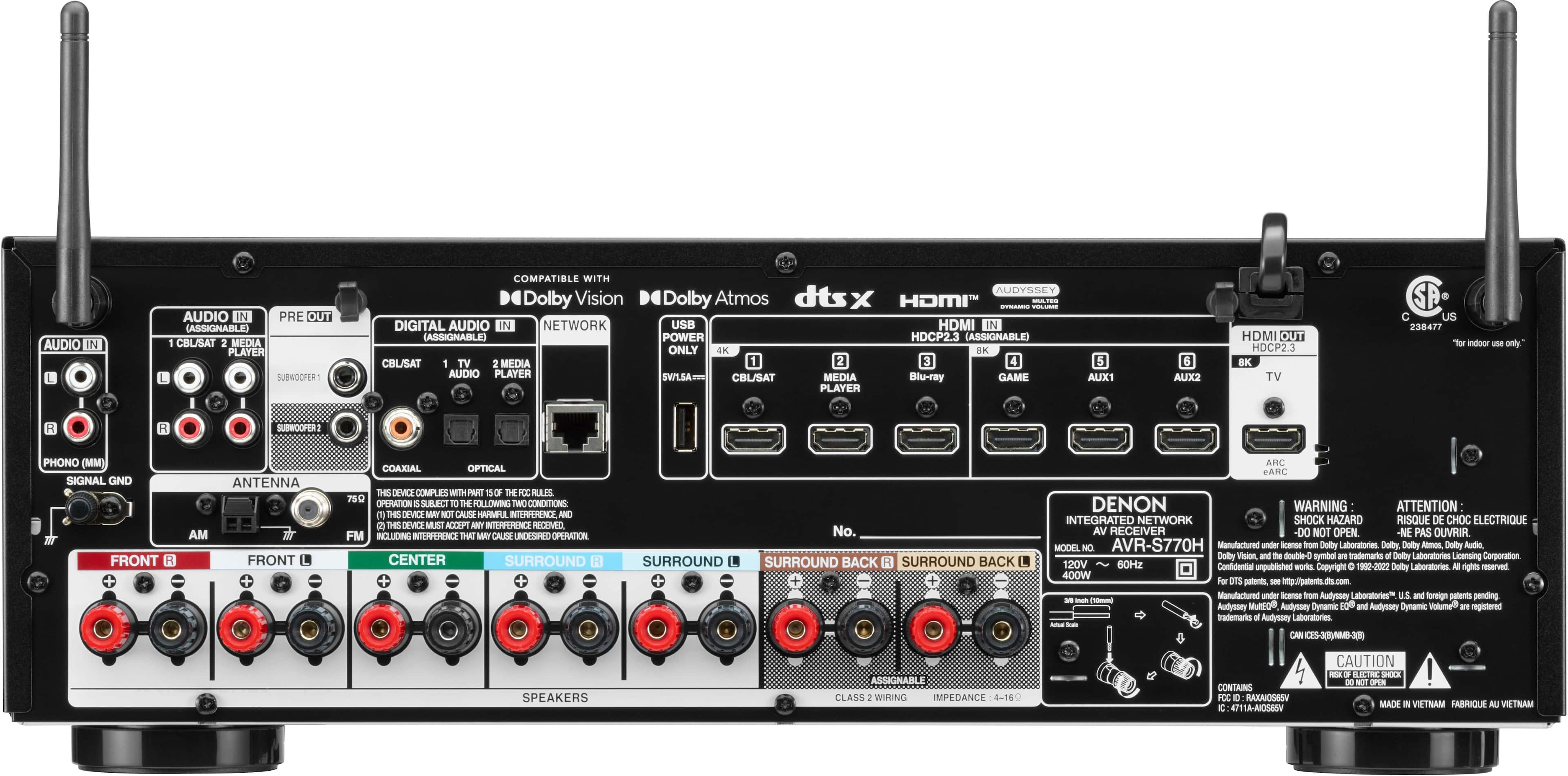 Back. Denon - AVR-S770H (75W X 7) 7.2-Ch. with HEOS and Dolby Atmos 8K Ultra HD HDR Compatible AV Home Theater Receiver with Alexa - Black.