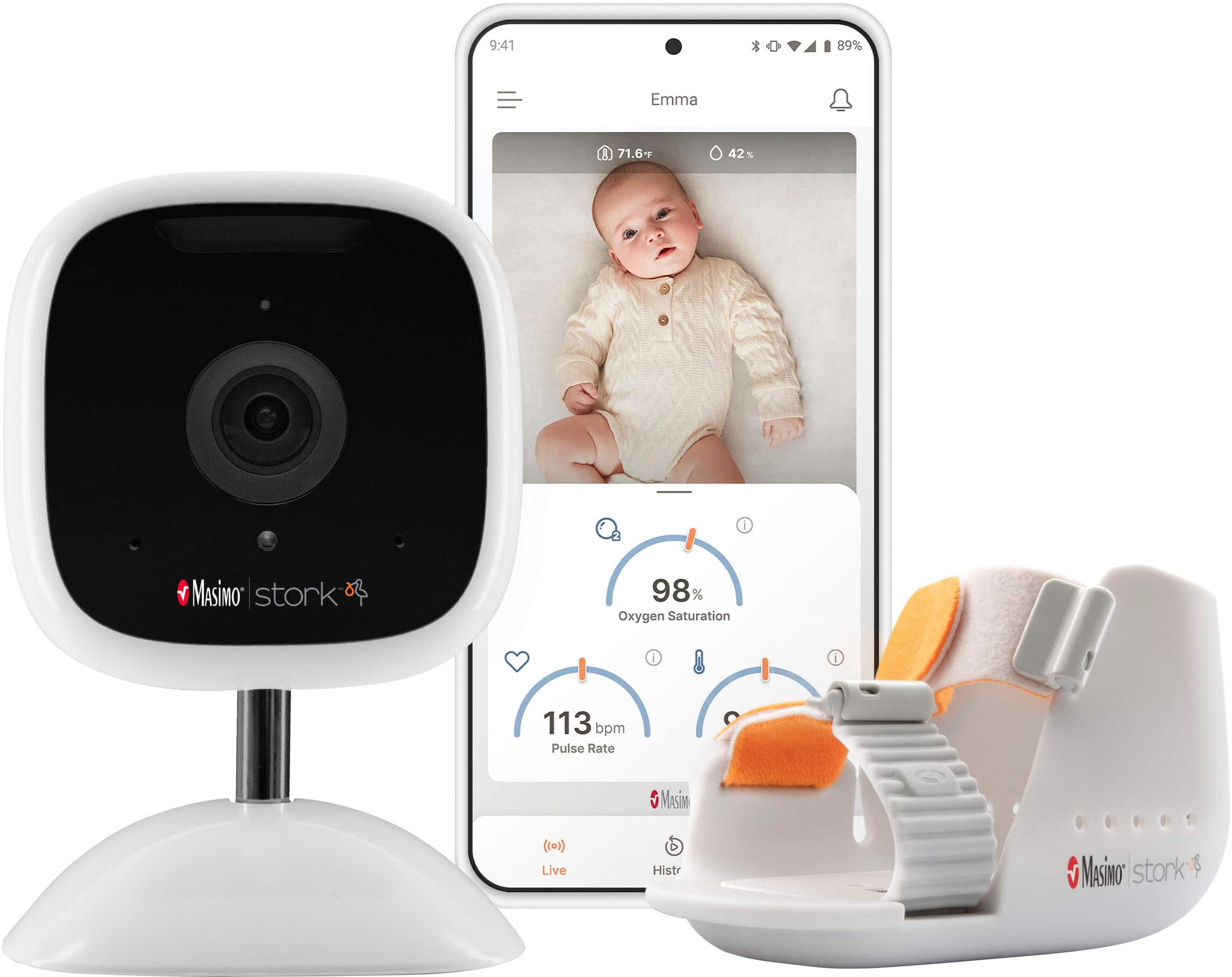 Front. Masimo - Stork Vitals Plus Baby Monitor (FDA-Approved) with 2-Way Audio Camera and Baby Boot with SPO2 and Heart Rate Sensor - White.