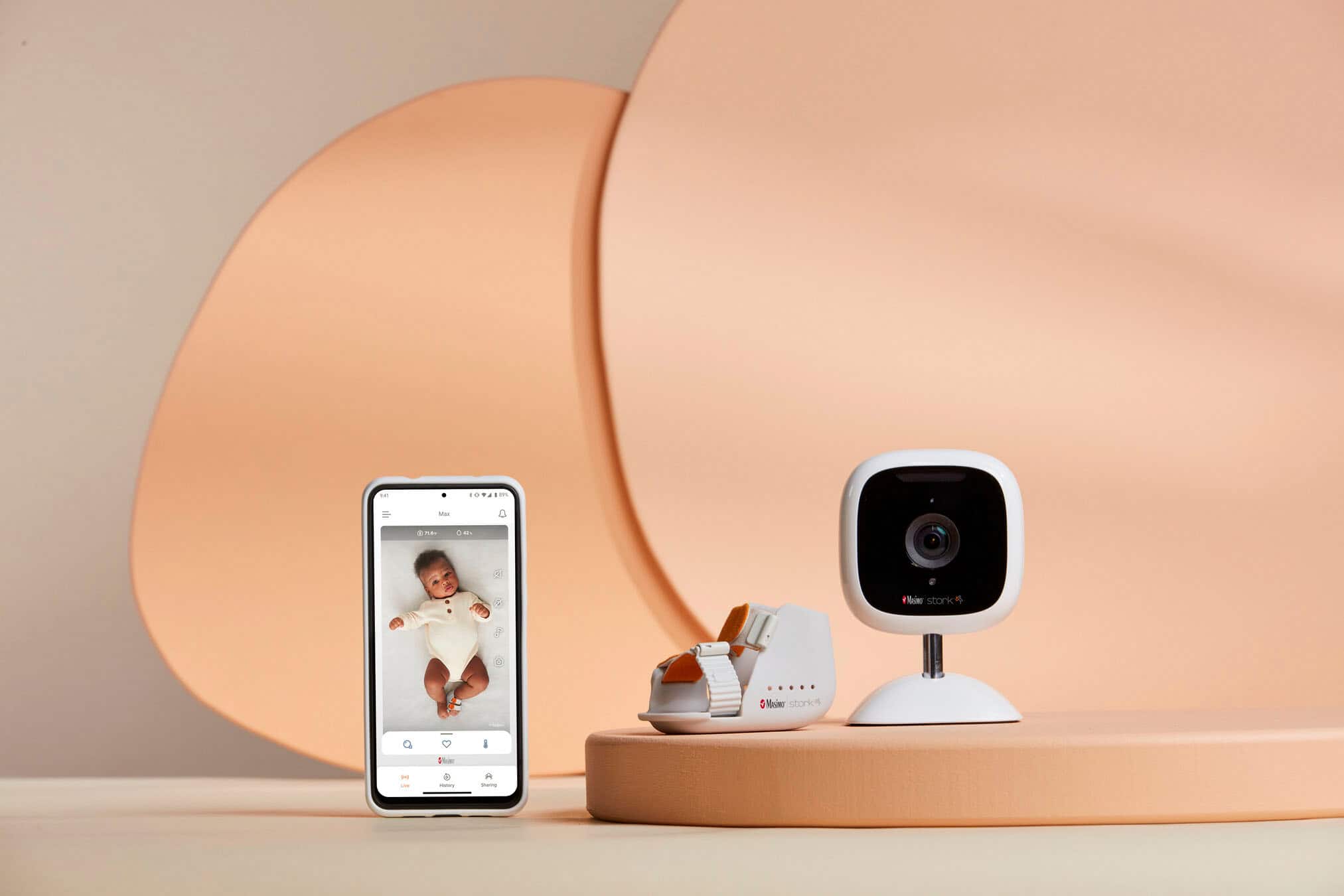 Left. Masimo - Stork Vitals Plus Baby Monitor (FDA-Approved) with 2-Way Audio Camera and Baby Boot with SPO2 and Heart Rate Sensor - White.