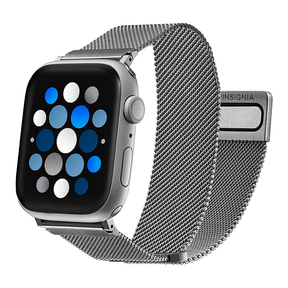 Left. Insignia™ - Stainless Steel Mesh Band for Apple Watch 42mm, 44mm, 45mm and Apple Watch Ultra 49mm (All Series) - Silver.