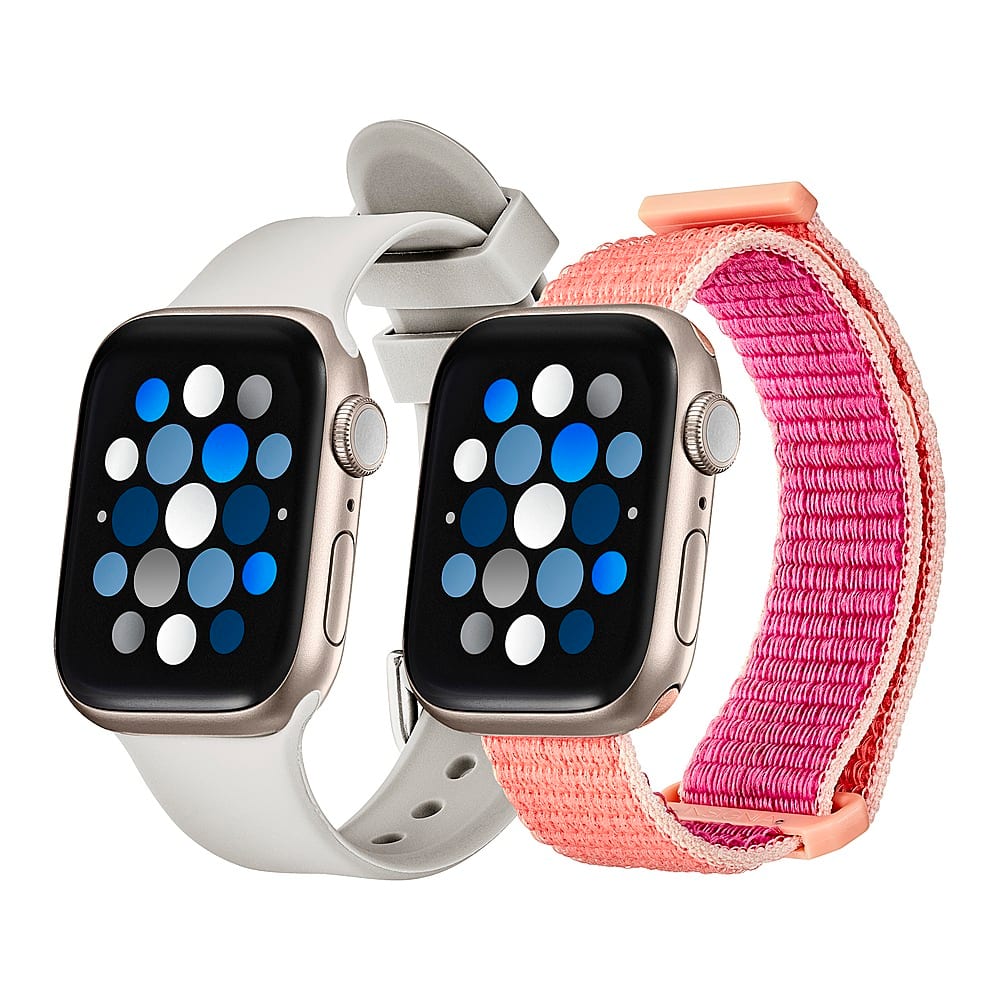 Left. Insignia™ - Silicone and Nylon Bands for Apple Watch 38mm, 40mm and 41mm (2-Pack) - Stone/Hot Pink.