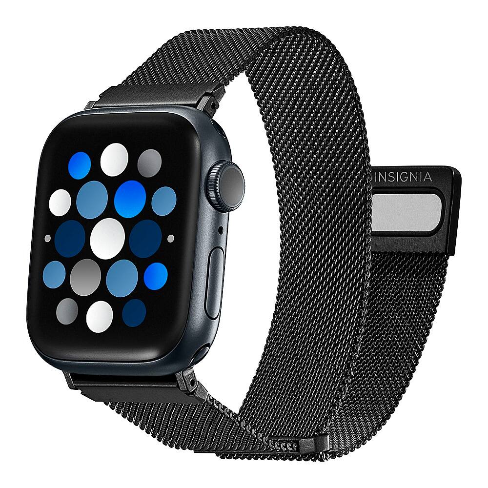 Left. Insignia™ - Stainless Steel Mesh Band for Apple Watch 38mm, 40mm and 41mm (All Series) - Black.