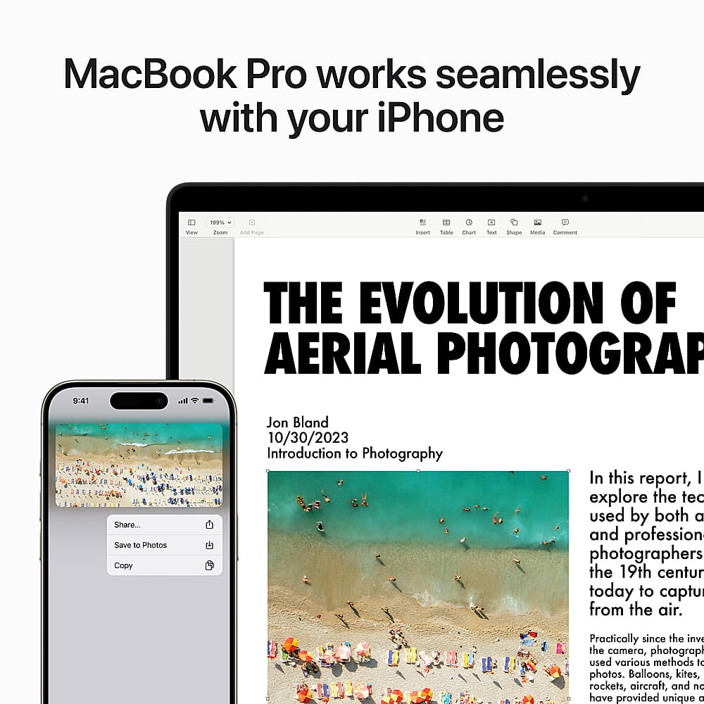The image features a MacBook Pro laptop computer and an iPhone, showcasing how the two devices work seamlessly together. The laptop is open to an article about the evolution of aerial photography, which highlights the history and techniques used by both amateur and professional photographers since the 19th century. The article discusses the various methods used to capture aerial photographs, including balloons, kites, rockets, aircraft, and drones. The image effectively demonstrates the compatibility and functionality of the MacBook Pro and iPhone, as well as the fascinating topic of aerial photography.