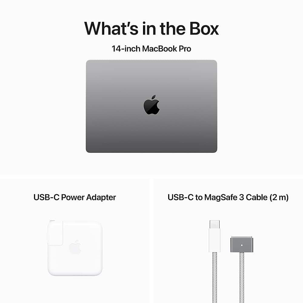 What's in the Box: 14-inch MacBook Pro USB-C Power Adapter USB-C to MagSafe 3 Cable (2 m)