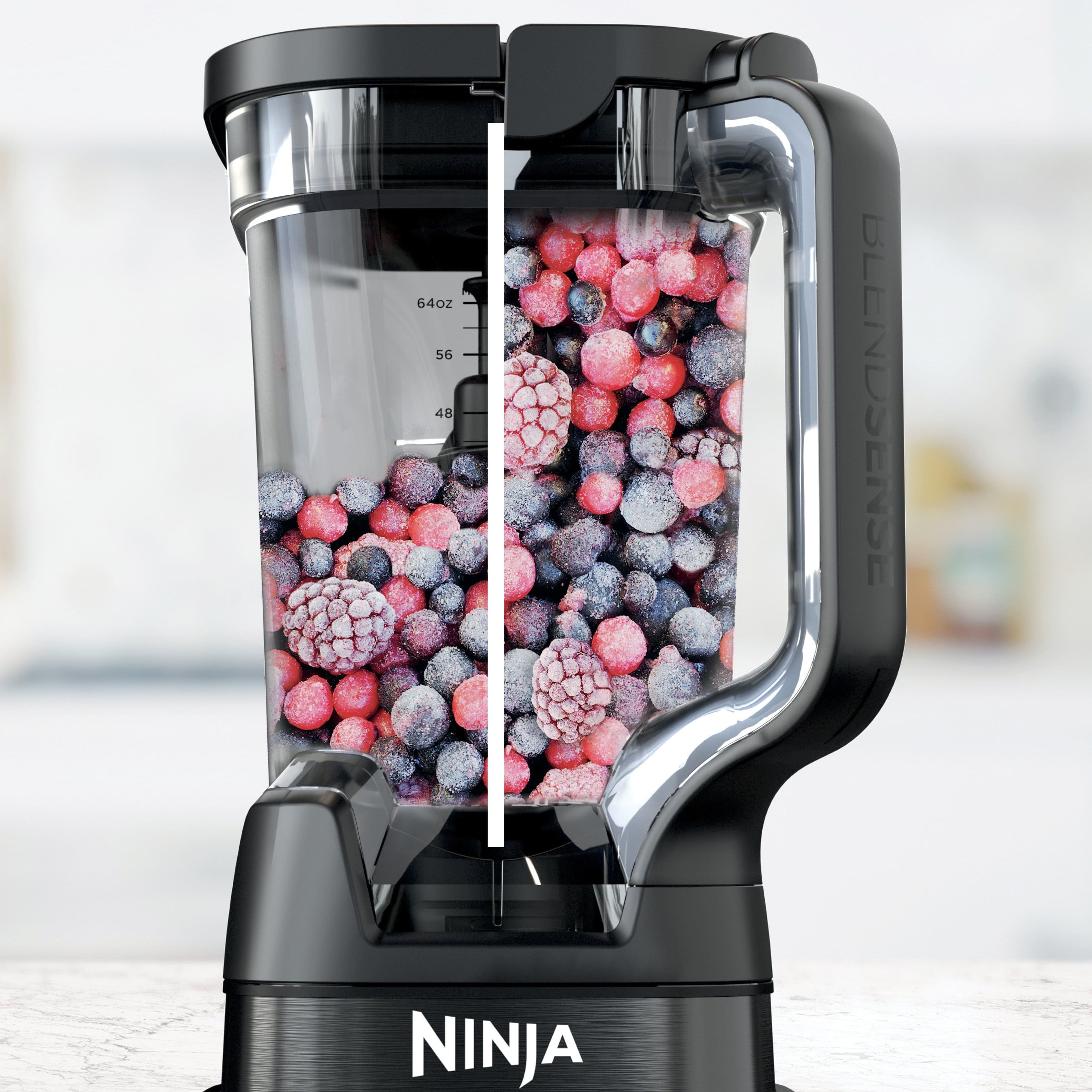 The image features a BlendSense blender filled with various fruits, including berries and raspberries. The blender is designed to detect the amount of ingredients in the pitcher and adjust the time and speed accordingly. This ensures a smooth and efficient blending process. The blender is filled to the brim with fruits, making it a perfect example of the blending capabilities of the BlendSense appliance.