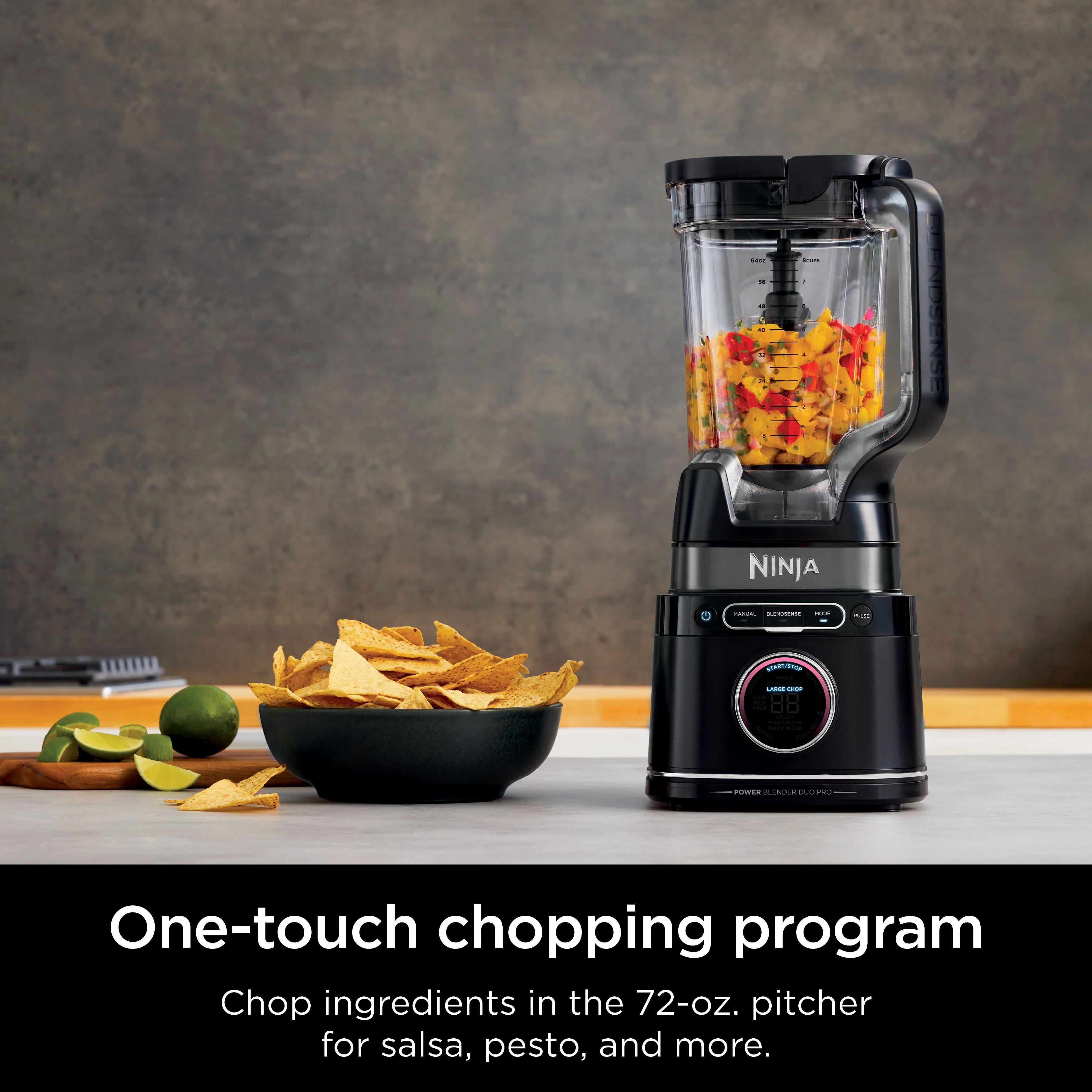 The Ninja chopper is a versatile appliance that allows users to chop ingredients in the 72-oz. pitcher for various recipes, such as salsa, pesto, and more. The one-touch chopping program makes it easy to prepare ingredients quickly and efficiently. The image showcases the Ninja chopper on a counter, with a bowl of chips nearby, emphasizing the convenience and functionality of this appliance.