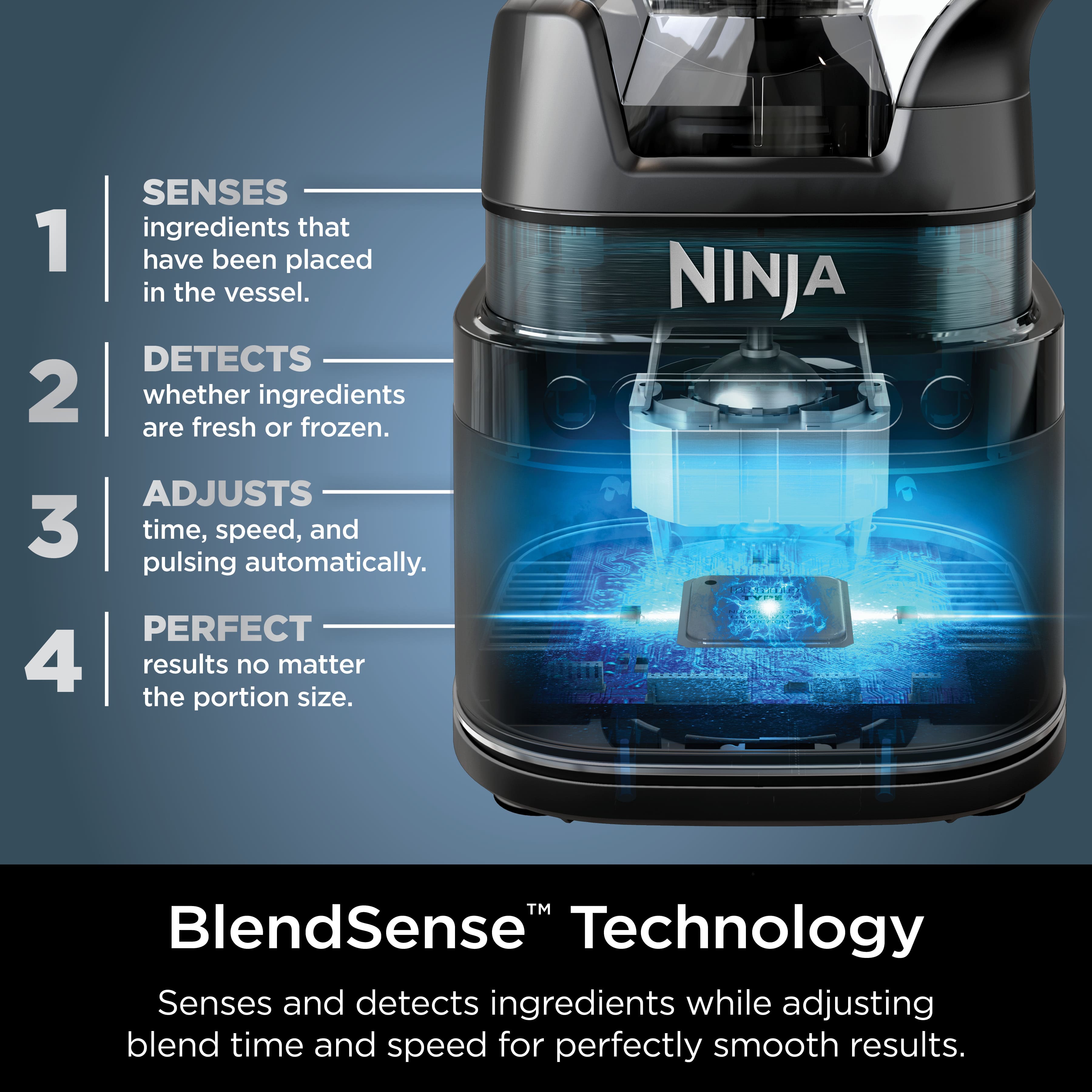 BlendSense Technology: Senses and detects ingredients while adjusting blend time and speed for perfectly smooth results.
