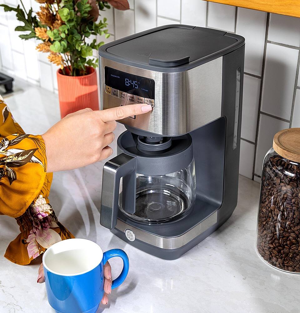 Alt View 15. GE - 12 Cup Programmable Coffee Maker with Adjustable Keep Warm Plate and Glass Carafe - Stainless Steel.