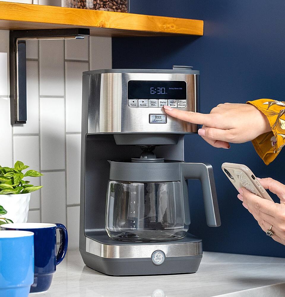 Alt View 18. GE - 12 Cup Programmable Coffee Maker with Adjustable Keep Warm Plate and Glass Carafe - Stainless Steel.